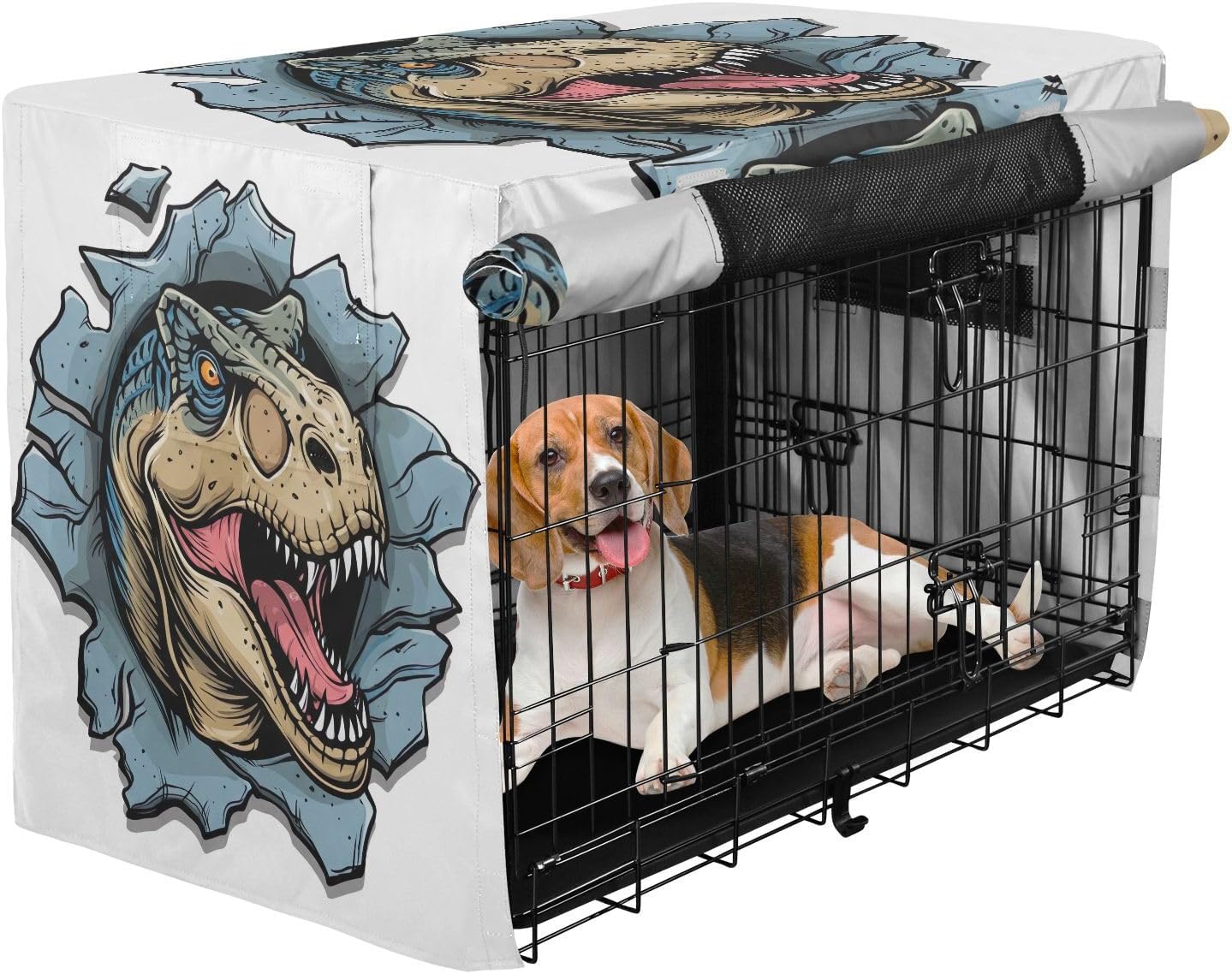 Funny Dinosaur White Dog Crate Cover Roll-up Side Panels, Crate Cover for Dog, Large