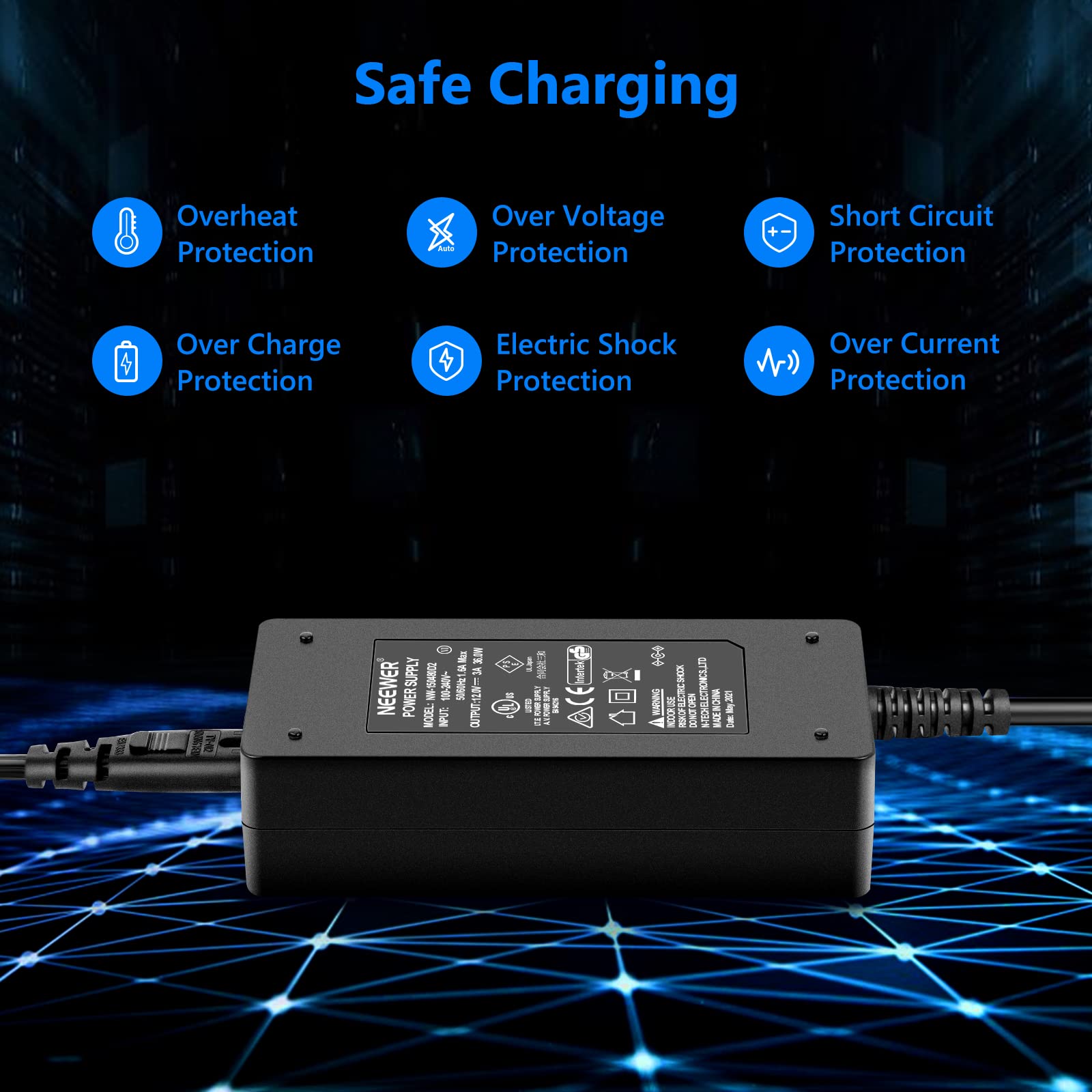 Neewer AC 100-240 V a DC 12 V 3 A 36 W Adattatore di alimentazione con 2 m Cavo di alimentazione per 480 LED luce video e anello luminoso 12 V 3 A 36 W, omologato UL (spina di corrente)
