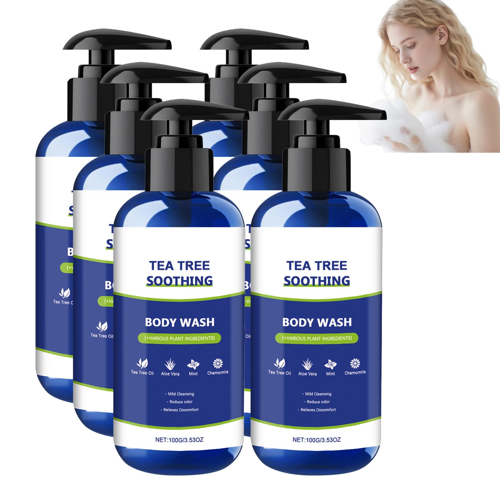 Tea Tree Gel doccia lenitivo con olio di tea tree e aloe vera, pulizia delicata per uomo e donna, aiuta a rinfrescare e ridurre l'odore del corpo, idratante per pelle liscia e sana (6 pezzi)
