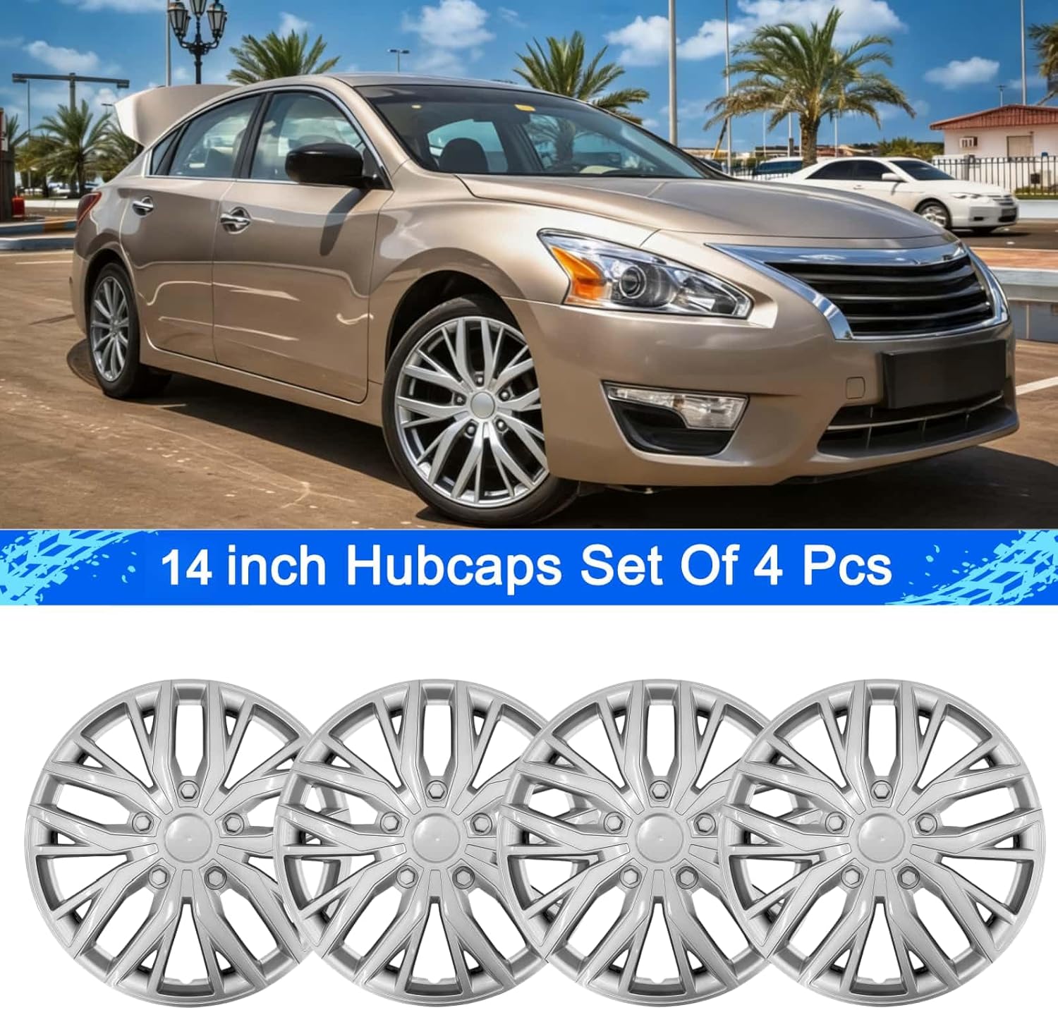 14-Inch ABS Hubcaps with Steel Rings & Adjusters, Patented Design, Universal Fit, Set of 4 Wheel Covers (Silver)