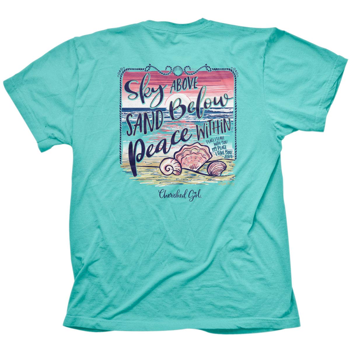 Cherished GirlKerusso Sky Above Sand Below Peace Within Shells Beach Sunset Celadon Blue Cotton Crew Neck T-Shirt, Small