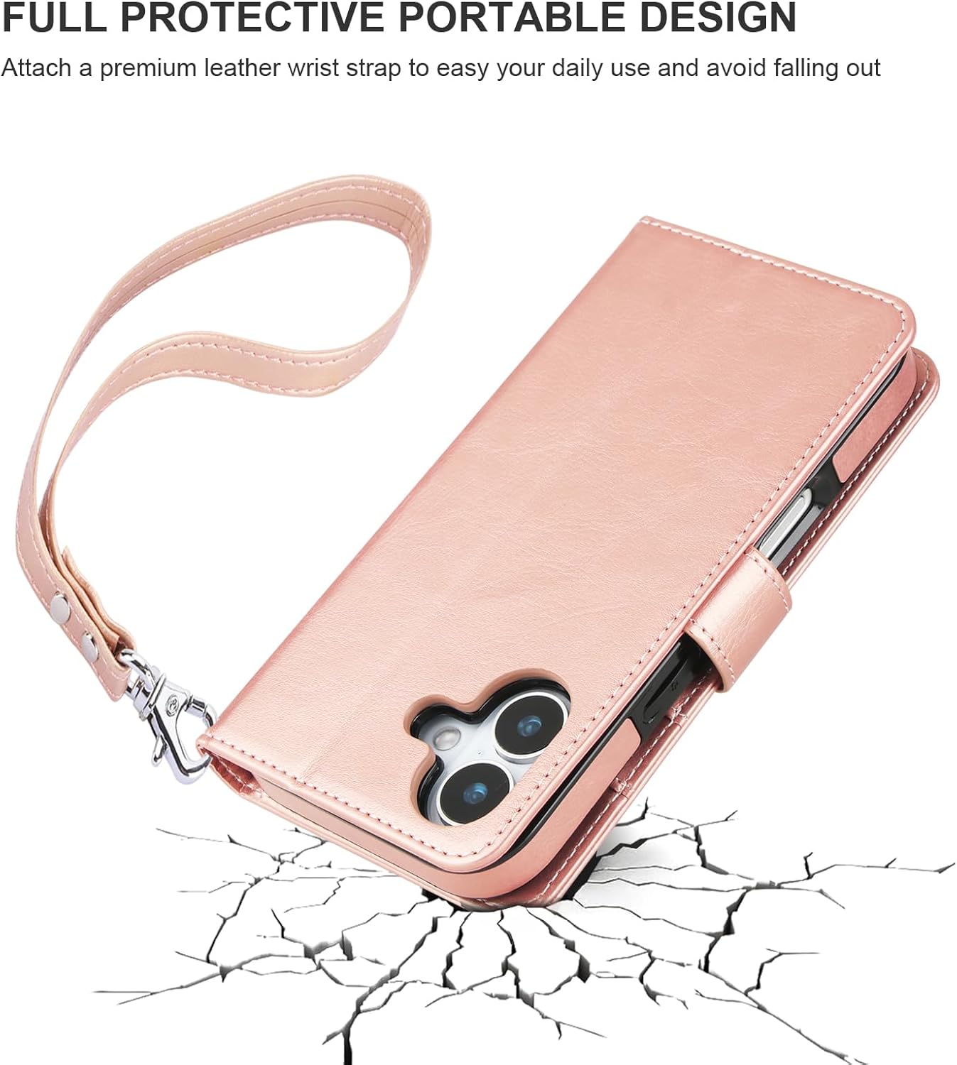 Bocasal for iPhone 17 Wallet Case Compatible with MagSafe Wireless Charging, RFID Blocking Magnetic Leather Case with Card Slots Holder Kickstand Detachable Wrist Strap 6.3 Inch (Rose Gold)
