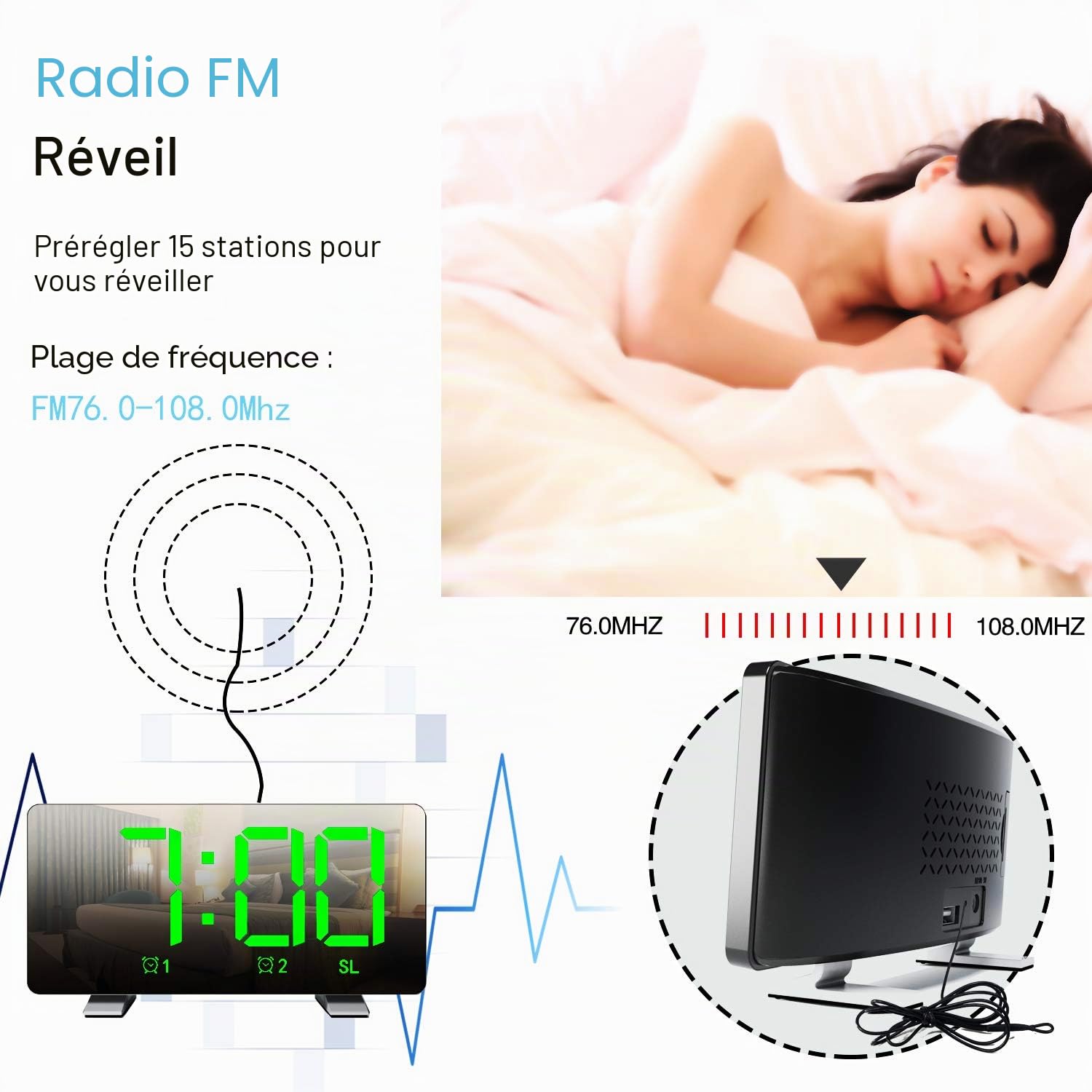 Réveil Radio pour Chevet Horloge Numérique Grand écran Fonction Snooze Double Alarme Volume Réglable Adaptateur Inclus