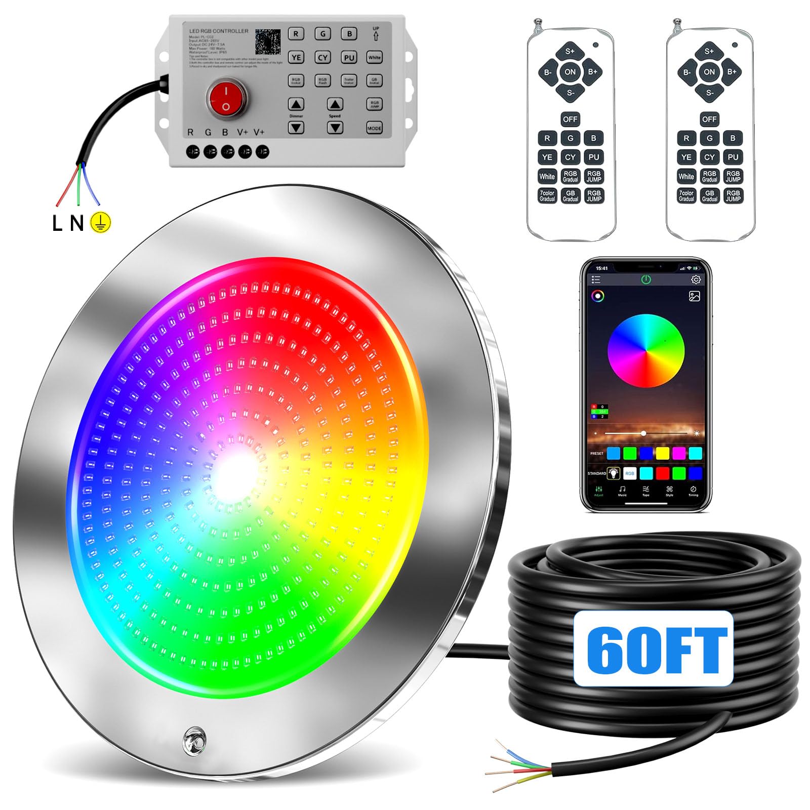 Photo 1 of ***UPDATED 5/2***PoCare 60ft Led Smart Pool Lights for Inground Pool with 3 Control Way (App/Remote/Controller), 54W 10 Inch Color Changing Underwater Swimming PoolLight for 10" Large Wet Niches