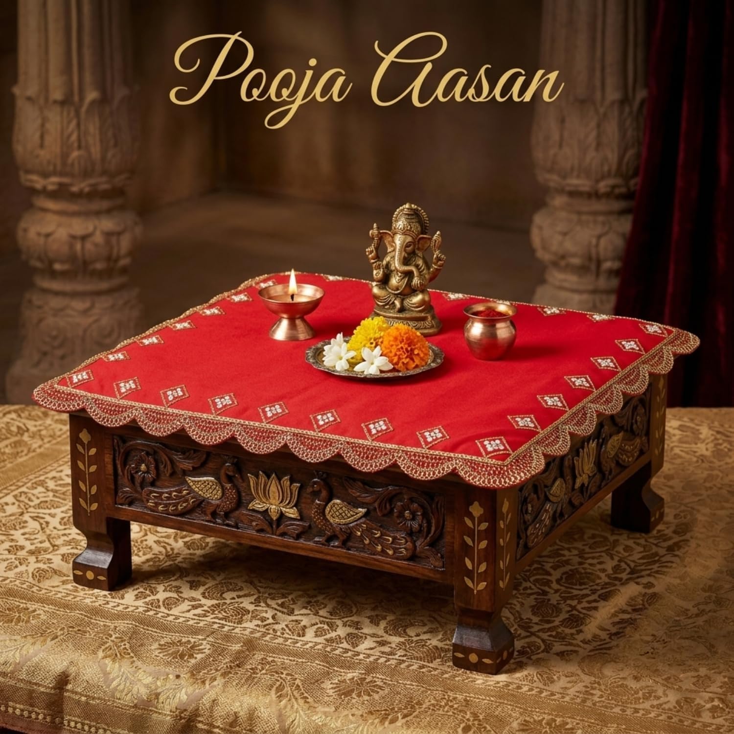 NAISHA Red Designer Pooja Aasan Mat (Set of 2) 15" x 15" Velvet Puja/Altar Cloth Mandir, Multipurpose Pooja Decorations Keeping Accessories of Temple, Chowki, Slab Article