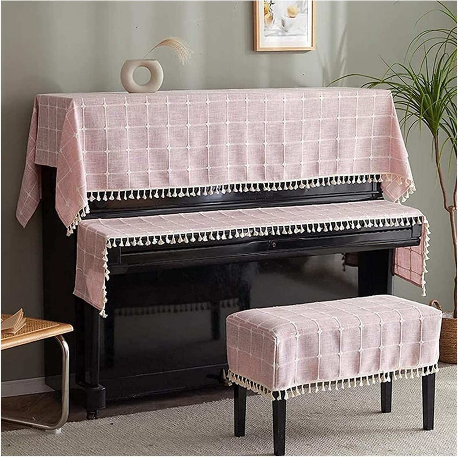 Upright Piano Cover Set Fashion Dustproofing Cover Piano Cover Top Cover Standard Upright Piano Keyboard Cover Chair Cover Set Dustproof Cover Simple Plaid Th(Gray-Single Chair Cover