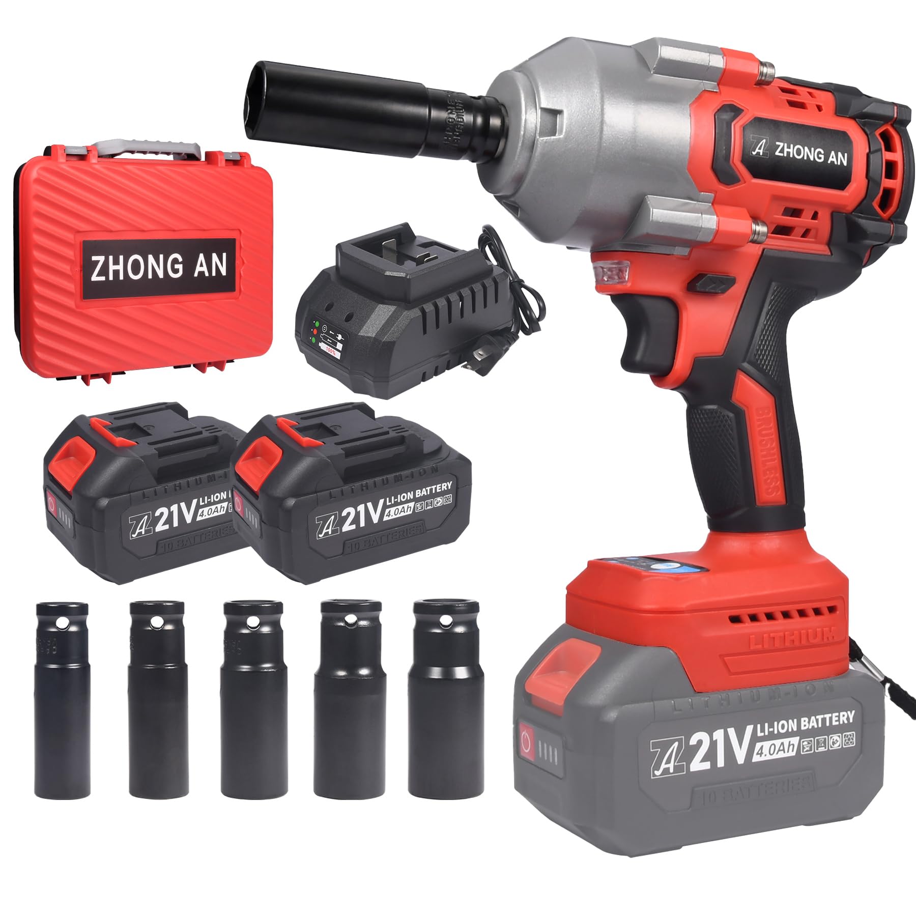 ZHONG AN Cordless 1/2 Brushless Impact Wrench Set, 740ft-lbs (1000N.m) 3200 RPM,with 2 Batteries 5 Sockets Multi-functional parts, Electric Impact