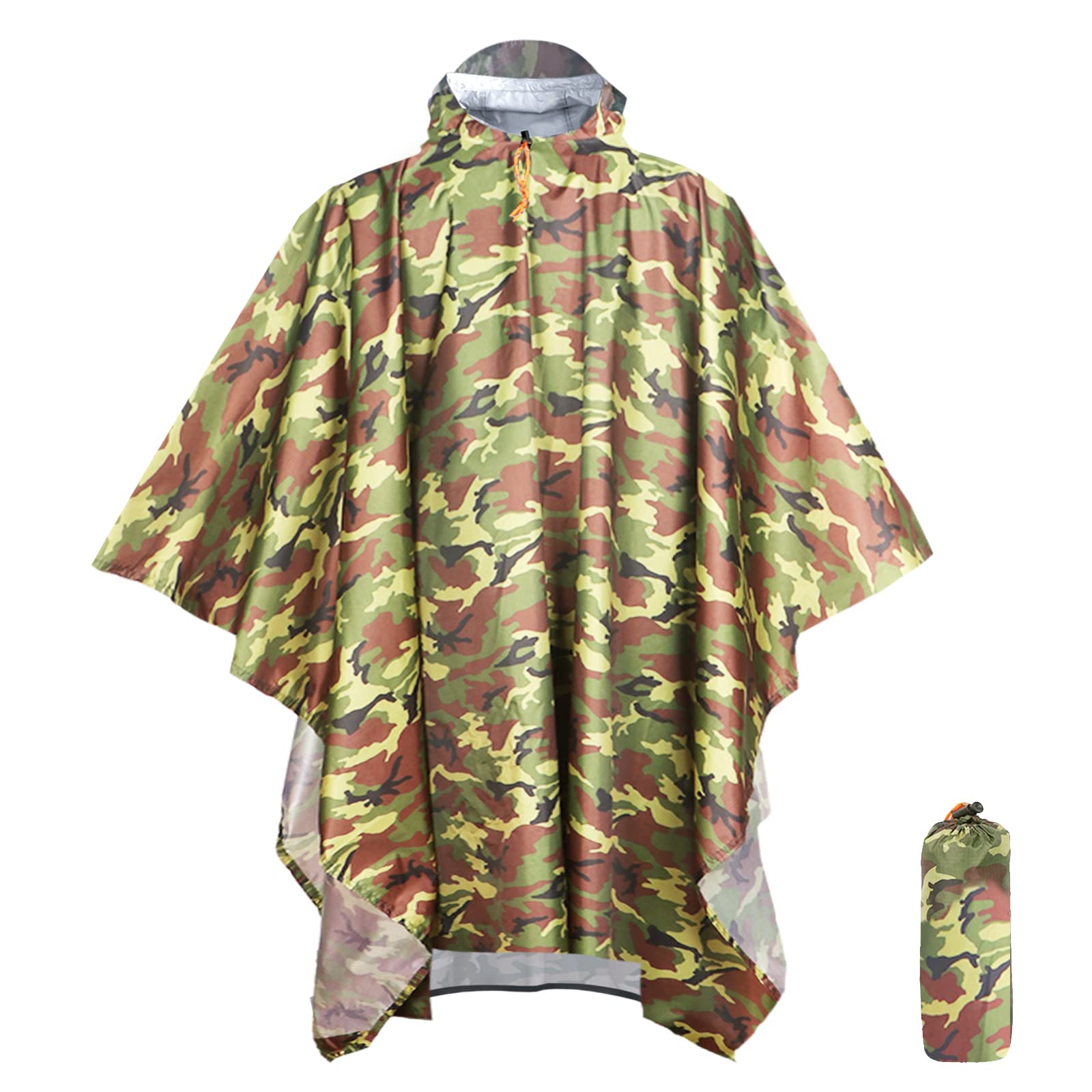 ANYOO Waterproof Rain Poncho Lightweight Reusable Hiking Rain Coat Jacket with Hood for Outdoor Activities,Camo Green,One Size