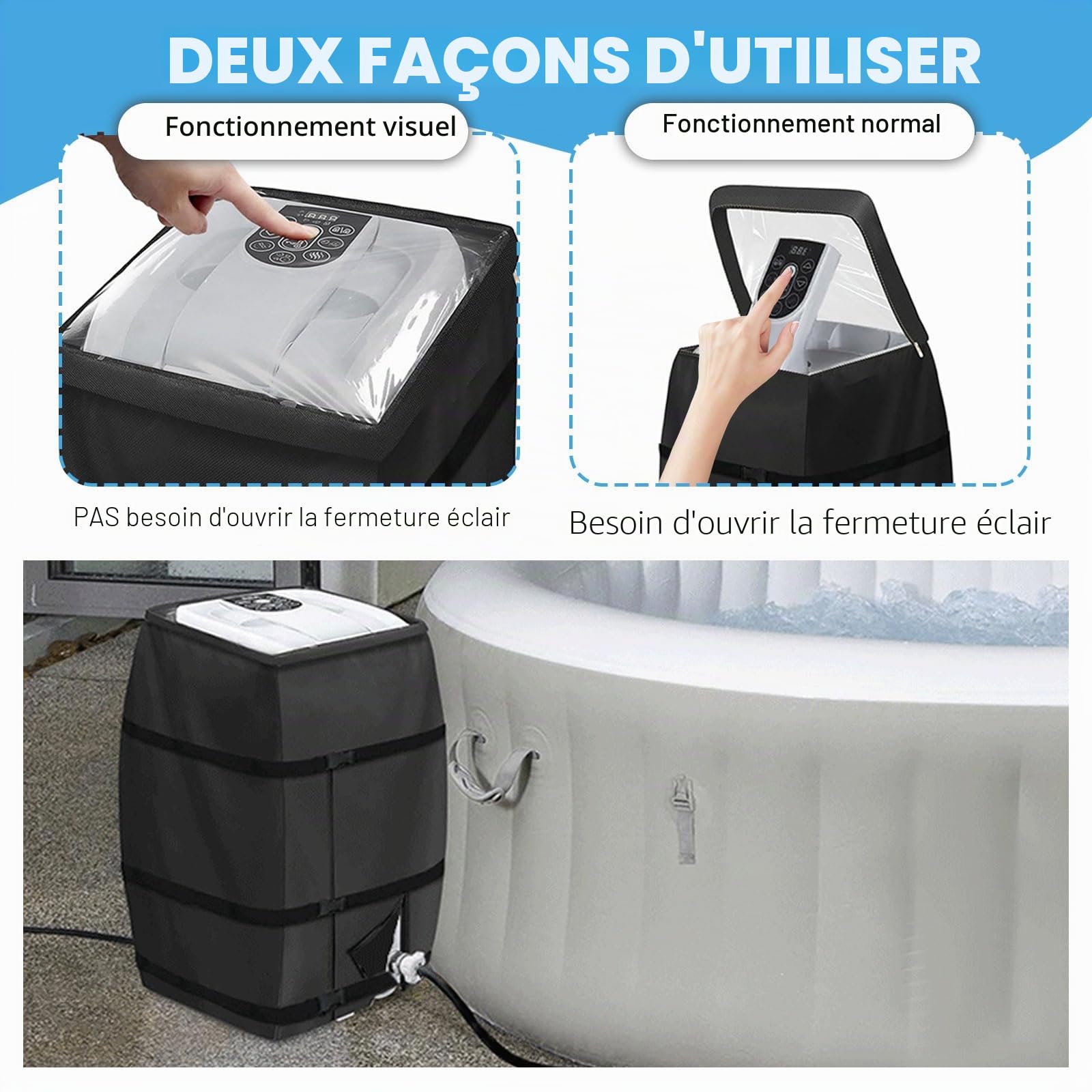 Housse De Chauffage pour Spa, Housse de Pompe de Chauffage avec ouverture à fermeture éclair et dessus en PVC transparent Windo, Imperméable, Aux UV, Abri Pompe Piscine 40 x 37 x 54 cm (Noir)