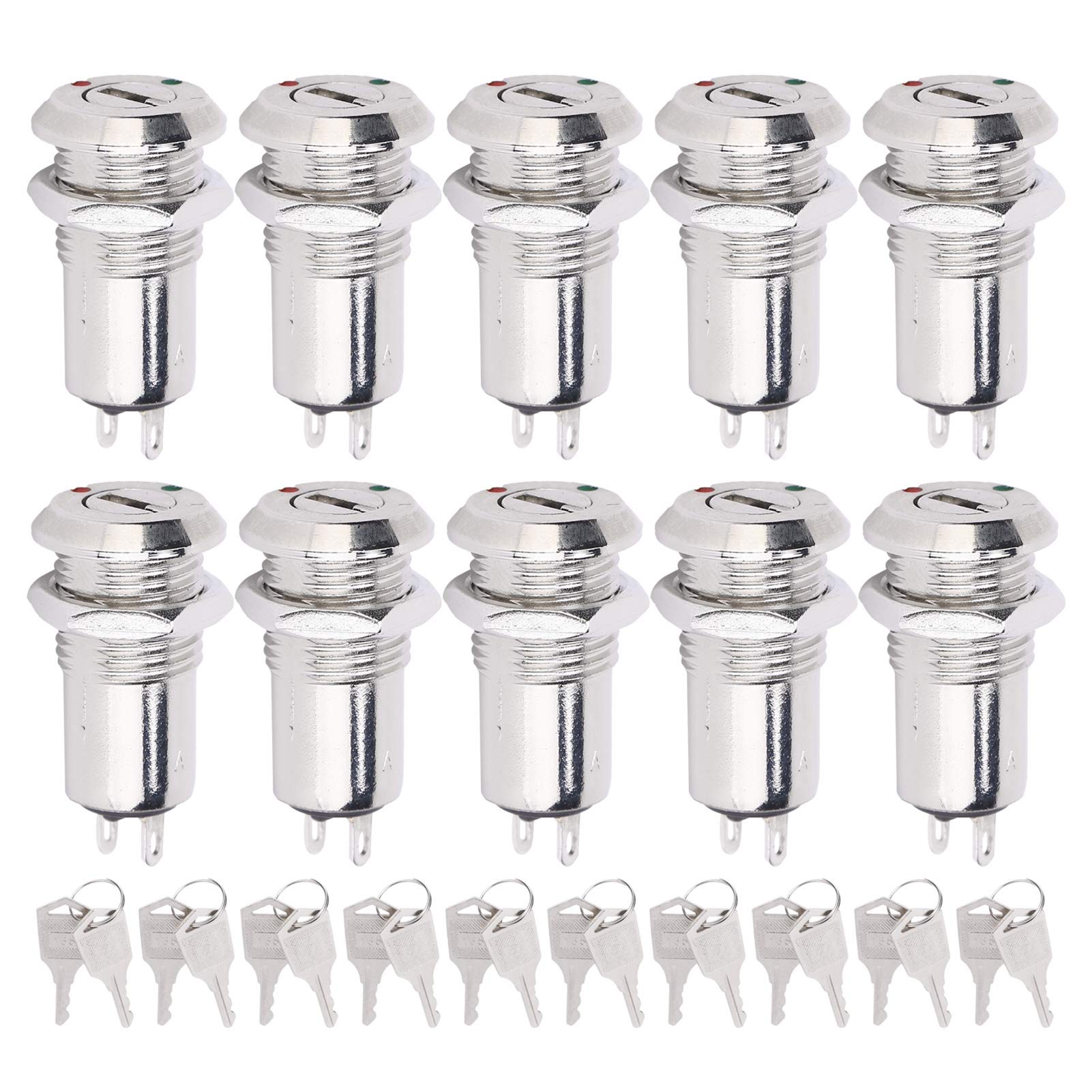 10 interruptores de llave de 12 mm/0.5 pulgadas, 220 VAC/CC 3 A, interruptor de bloqueo de barril de encendido/apagado, con 20 llaves, 10 tuercas (doble tirón), interruptor de control
