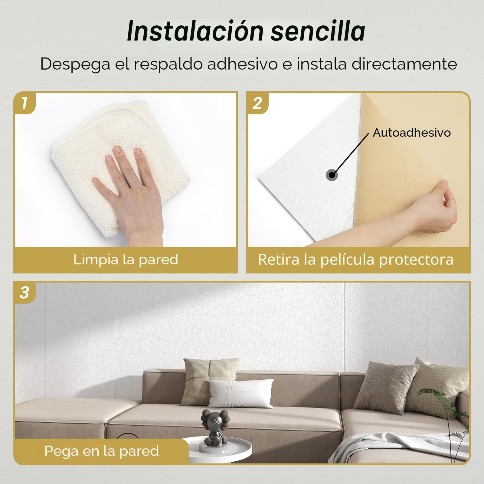 TONOR Paneles Decorativos para Pared, 4 Paneles 112x55 cm, Panel Acusticos Autoadhesivos para la Decorativo de Paredes Interiores, Estudio, Sala de Estar, Oficina, Gris Claro