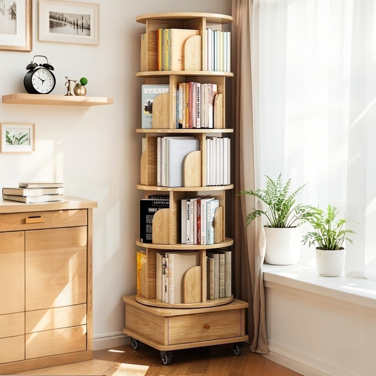 Hanzim 6 Tier Rotating Bookshelf, 360° Display Round Spinning Bookshelf with Wheels and Drawer, Space-Saving, Small Space Rotating Tower for Bedroom, Living Room, Home, Office, Wood Color