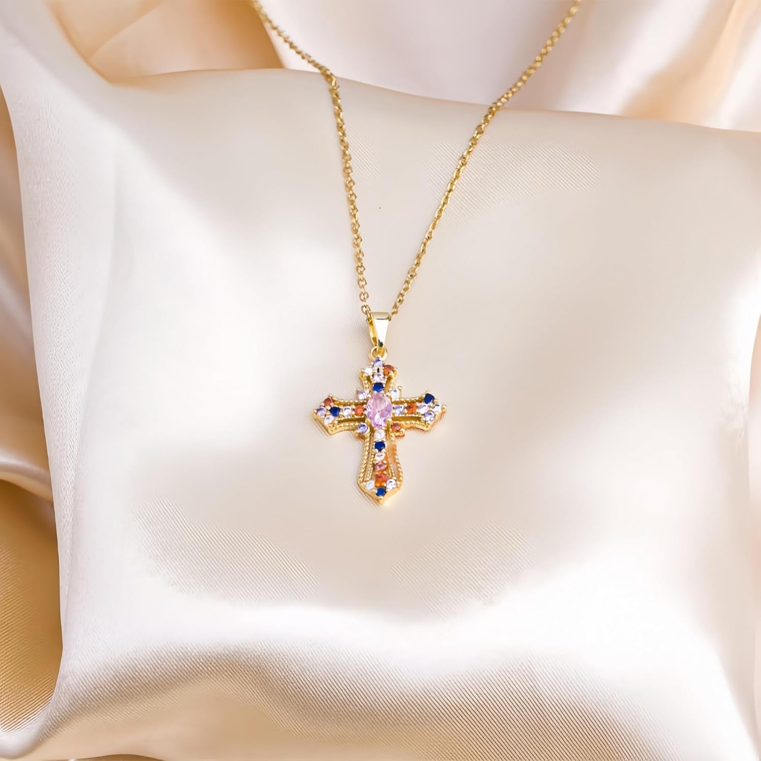 2-PCS Multi-Color Stainless Steel Cross Pendant Necklace with Zircon Crystals, 25mm x 20mm, Gold and Silver Chain - Image 3
