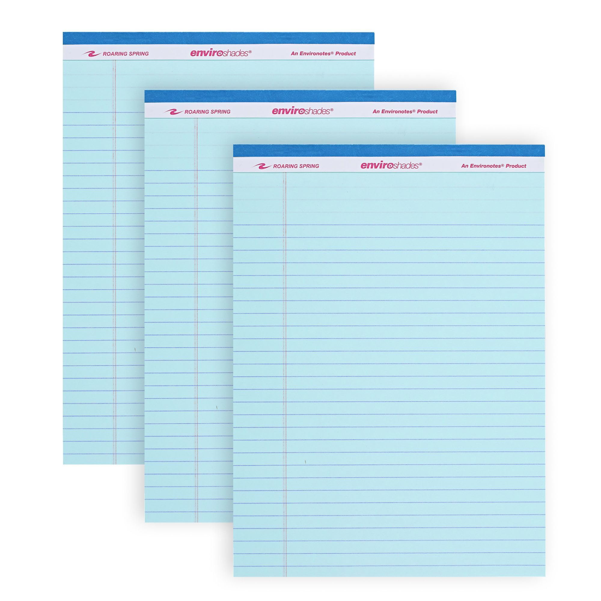 ROARING SPRING Enviroshades Recycled Colored Legal Pads, Blue, 3 Pack, 8.5" x 11", Legal Ruled, 50 Sheets Per Pad, 15 lb Perforated Paper, Made in USA