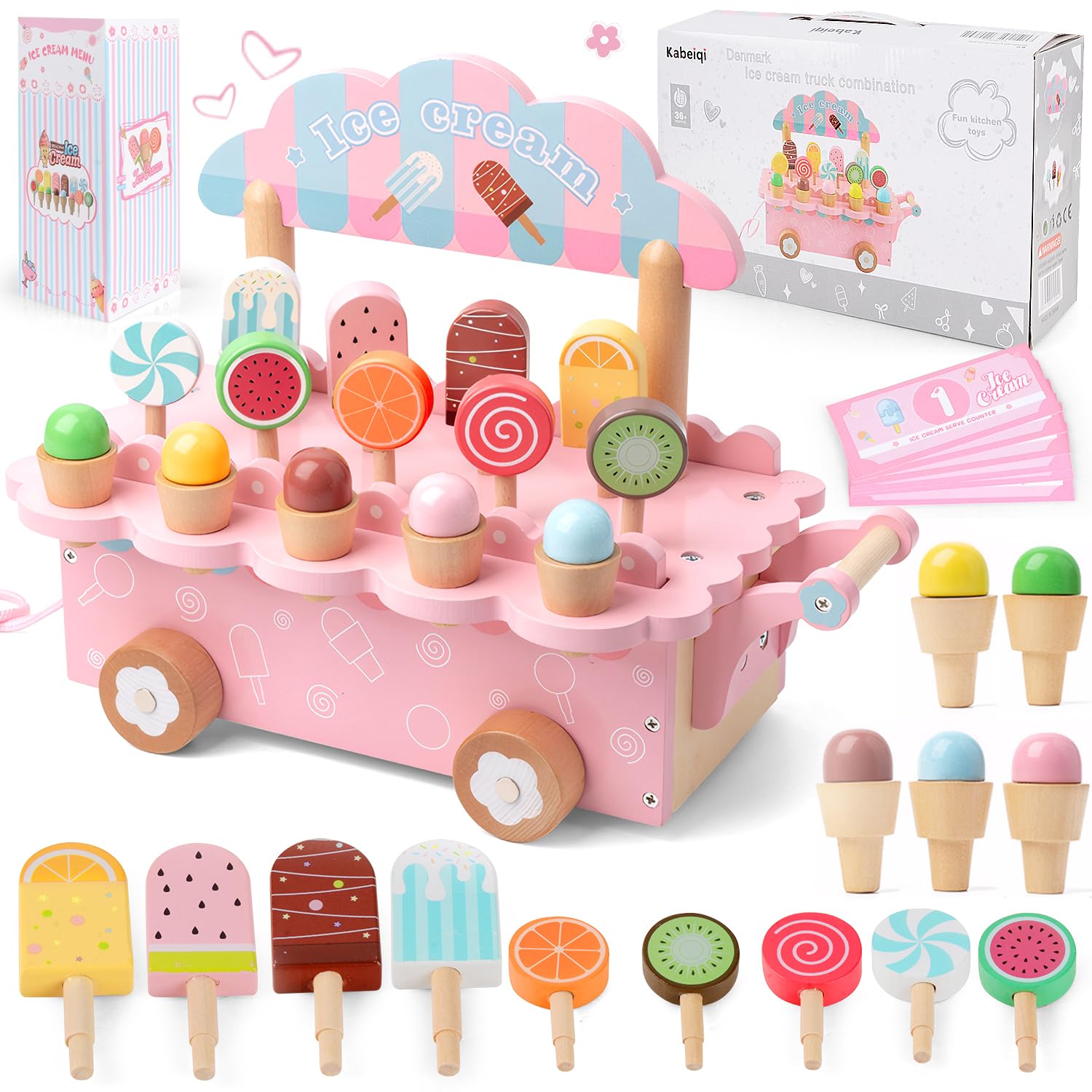 Wooden Ice Cream Set for Kids - Role Play Food Cart Shop With Menu & Fake Money - Play Kitchen Accessories Gift for 3-7 Year Old Girls Boys