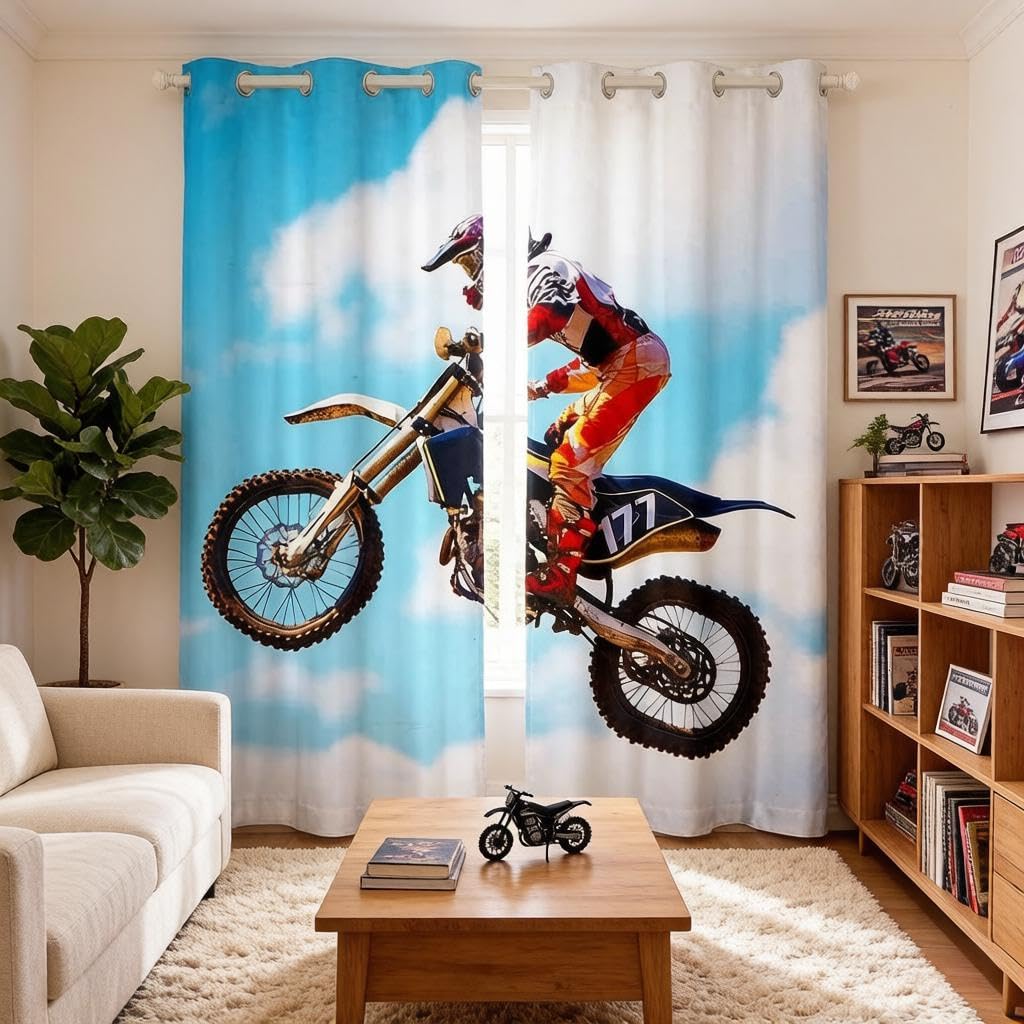 Loussiesd 3D Motocross Racer Room Curtain Dirt Bike Extreme Sports Curtain for Bedroom for Kids Boys Teens Racing Motorcycle Curtain Motorbike Drapes,W66*L90 โ image 1