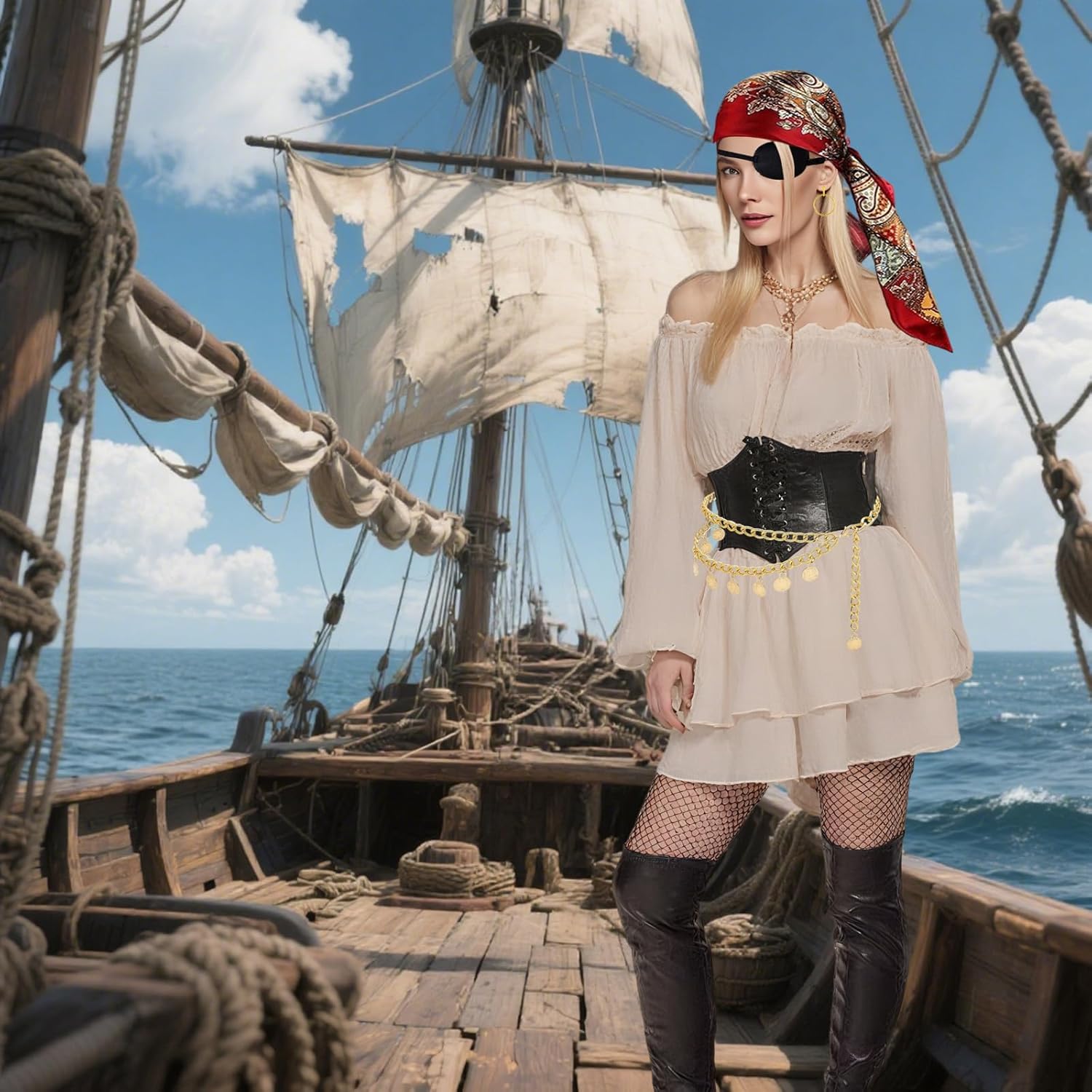 YMO Pirate Accessories for Women, Pirate Costume Women for Bandana Corset Chain Belt Necklace for Cosplay Party - Image 4