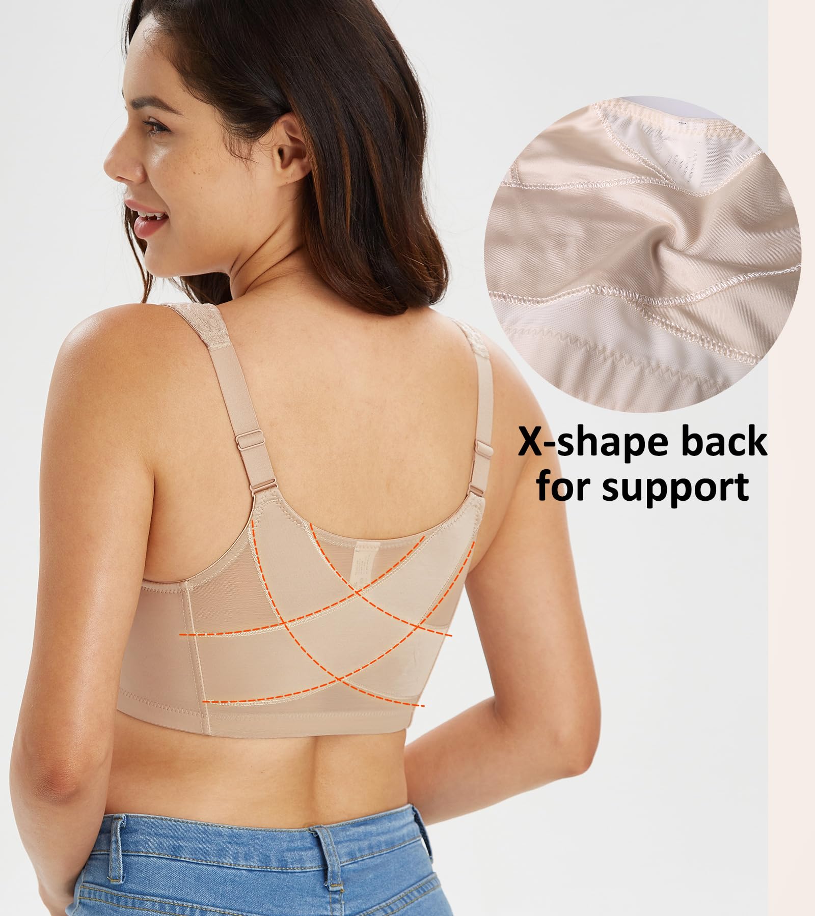 Lemorosy Reggiseno Minimizzatore Chiusura Anteriore Donna Comfort Forte Sostegno Posteriore X Non Imbottito Senza Ferretto