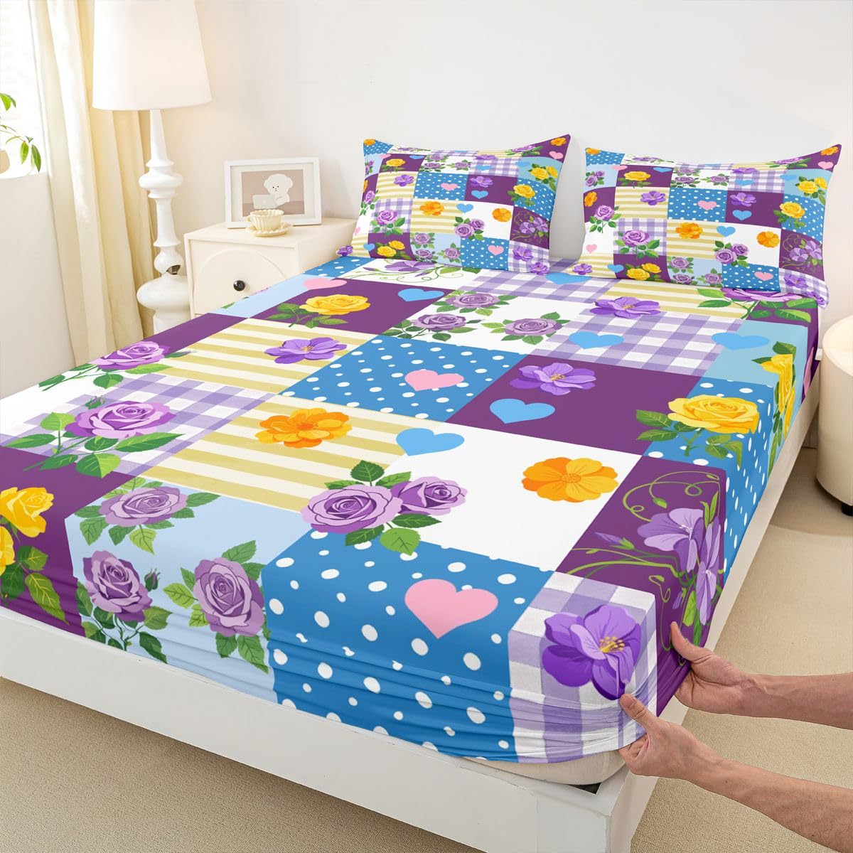 Manfei Juego de sábanas bajeras con diseño floral a cuadros, tamaño King, 3 piezas, estilo francés con 2 fundas de almohada, decoración de habitación de niños y niñas, ropa de cama suave (no plana)