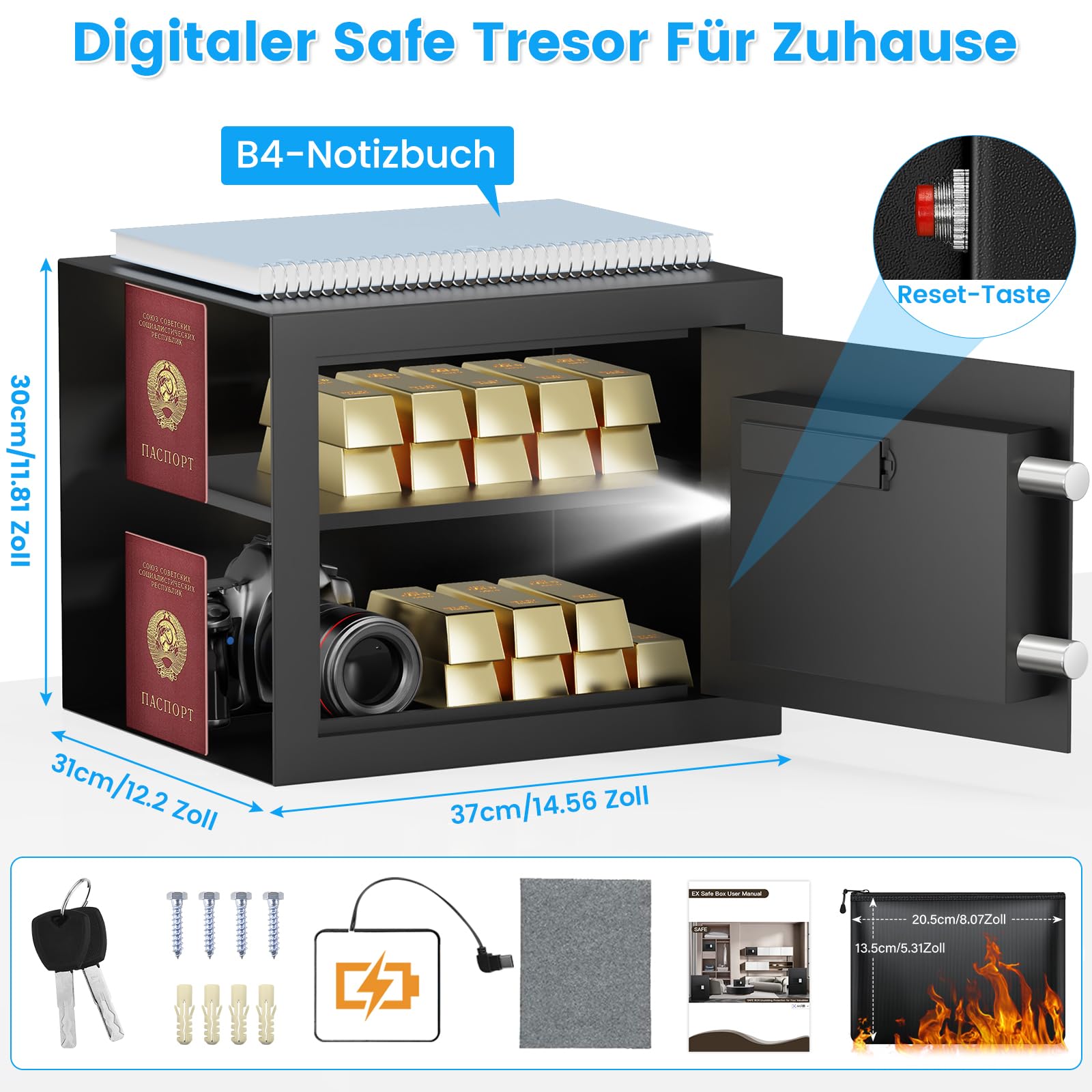 Cassaforte digitale per la casa con custodia ignifuga, cassaforte per mobili da 34 l, con ripiano rimovibile, porta USB-C, modalità allarme e modalità silenziosa, cassaforte da parete per