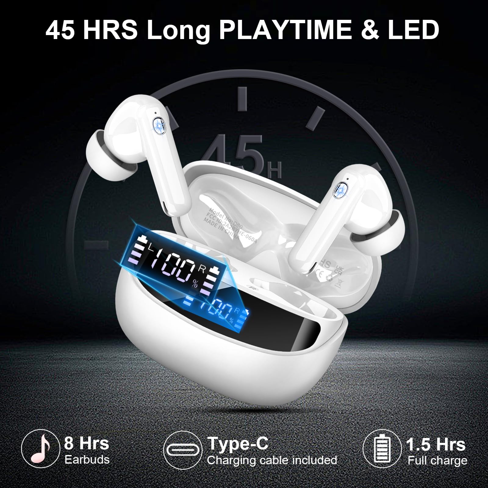 Cuffie Bluetooth, Auricolari Bluetooth 5.4 con 4 HD Mic, Cuffie Wireless In Ear Stereo HiFi, 45 Ore Cuffiette Bluetooth con LED Display, ENC Cancellazione Rumore, IP7 Impermeabili, Touch Control