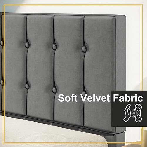 Miniatura 9 de LIKIMIO Marco de cama individual plataforma tapizada de terciopelo con cabecera y listones de madera fuertes no necesita somier sin ruido fácil