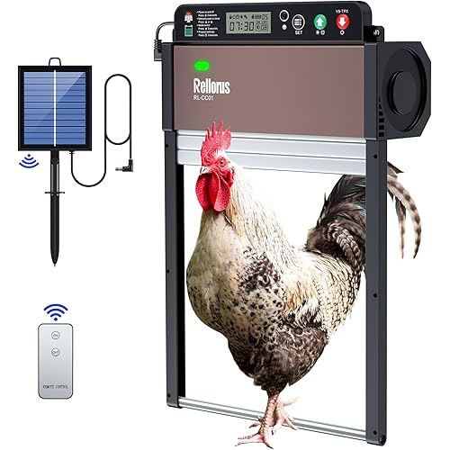 Rellorus Automatic Chicken Coop Door, Solar Powered Door Opener with USB Charging, 4 Modes with Timer & Light Sensor & Remote Control, Anti-Pinch Function, Aluminum & Waterproof Electric Coop Door