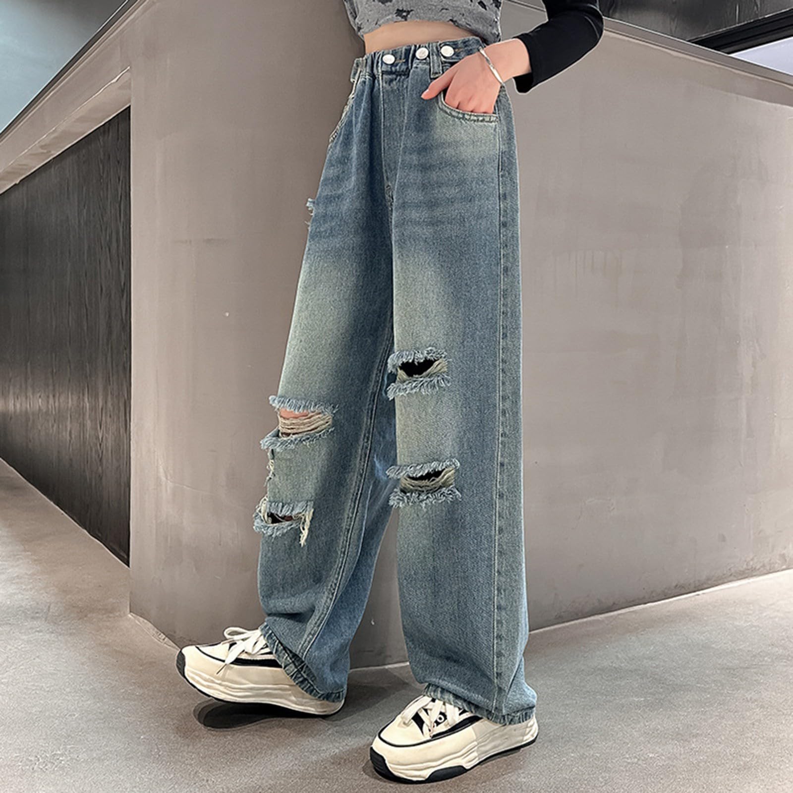 Generisch Stretch Jeans Mädchen,Madchen Elastische Bund Baggy Denim Hosen Mädchen Boyfriend Verstellbarem Bund Jogging Hose Gefütterte Lässige Teenager Girls' Casual Hosen Schlagjeans