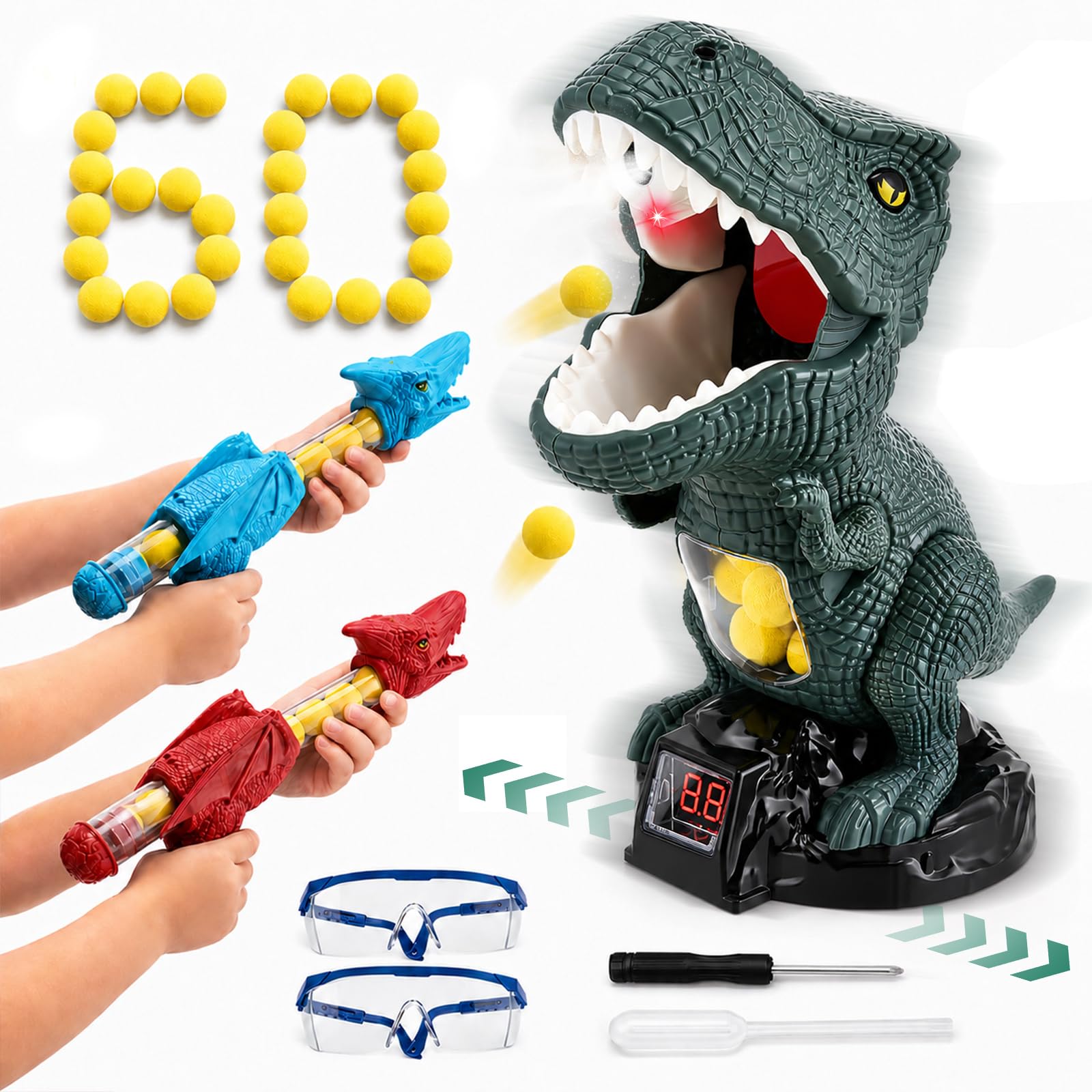 Dinosaur Shooting Game for Kids, Movable Dinosaur Shooting Target Games Toy with 2 Air Pump Gun, 60 Foam Balls, LED Score Record, Spray, Sound, Party Birthday Gift for Boys Girls Ages 3 4 5 6 7 8 9 10