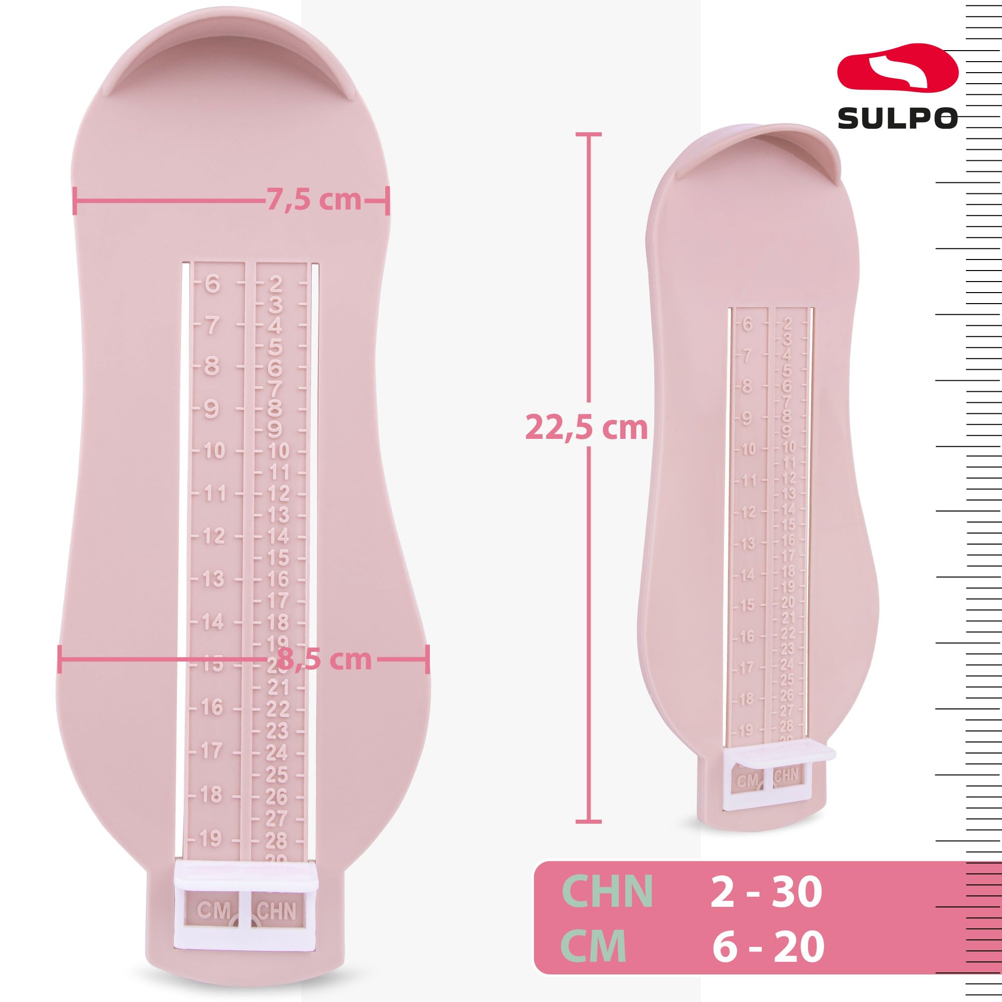 SULPO Jauge de pied pour enfant - Mesure des chaussures de 6 cm à 20 cm - Mesure de Pied pour Chaussures - Règle de mesure - Couleur menthe