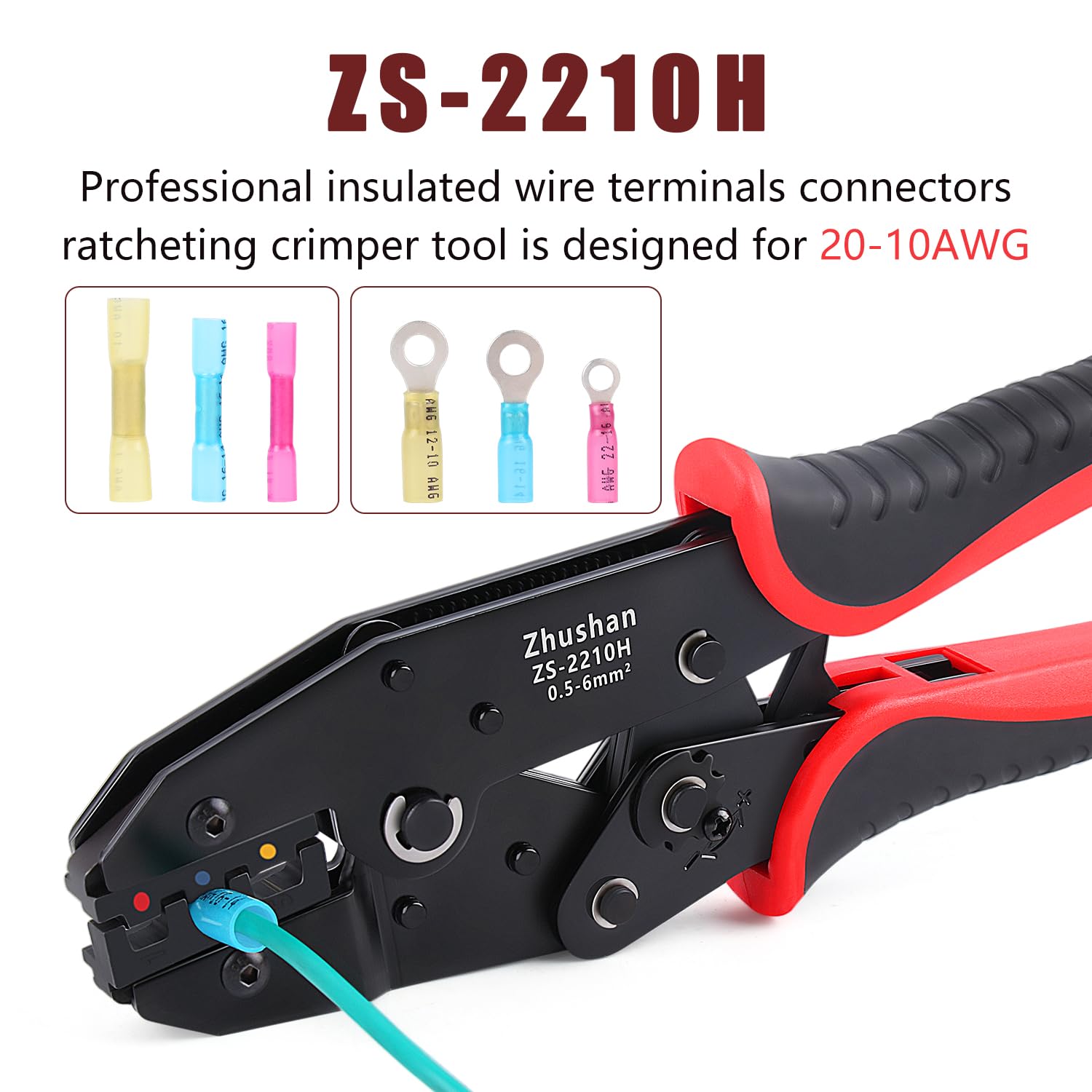 Zhushan Crimpadora de alambre para conectores termorretráctiles, conectores de terminal de alambre de trinquete, herramienta de crimpado termorretráctil para conectores de nailon aislado y cables