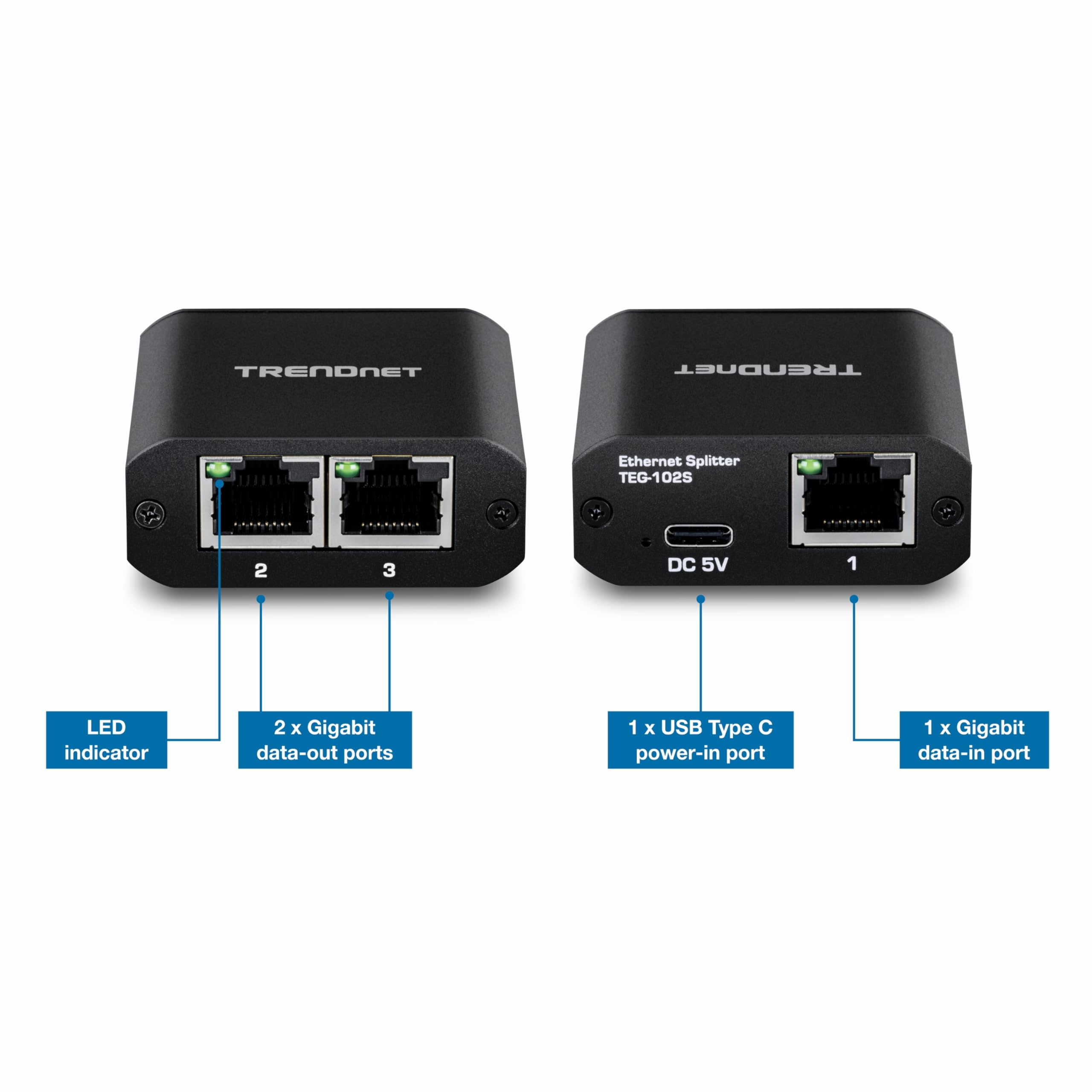 TRENDnet 2-portowy rozdzielacz gigabitowy z zasilaniem USB typu C, TEG-102S, dzieli jedno połączenie sieciowe na dwa, rozdzielacz Ethernet, kabel zasilający USB typu C w zestawie, zgodny z NDAA i TAA