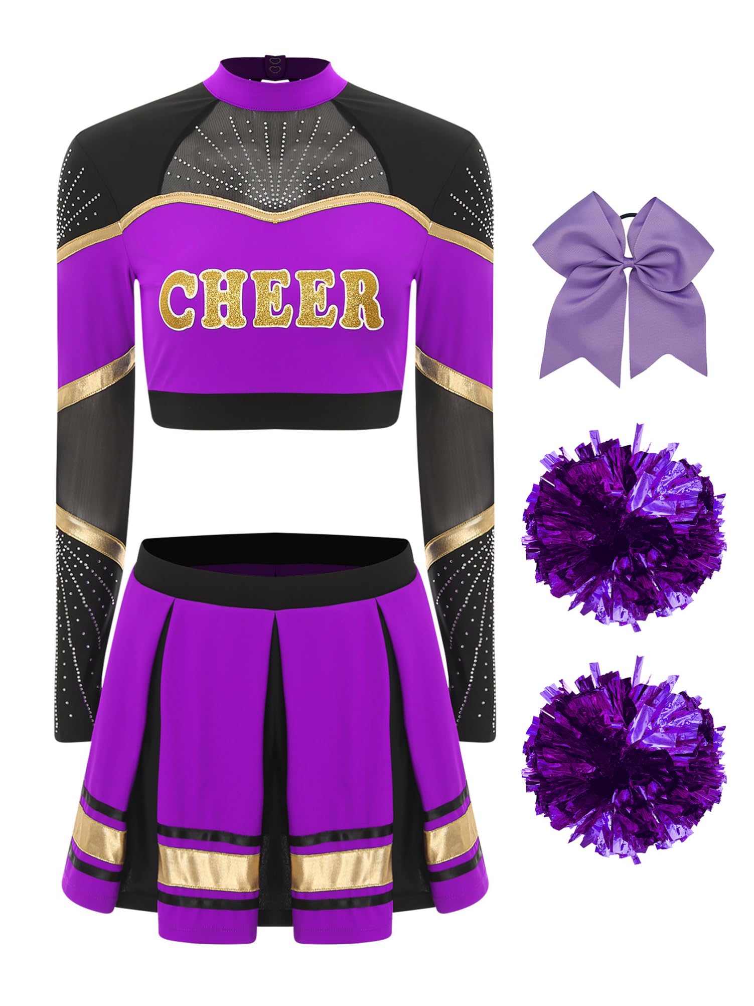 Alvivi 5Pcs Cheer Leader Kostüm Damen Langarm Cheerleading Uniform Crop Tops mit Rock Pompoms Socken Haarband Halloween Karneval Fasching Kostüm