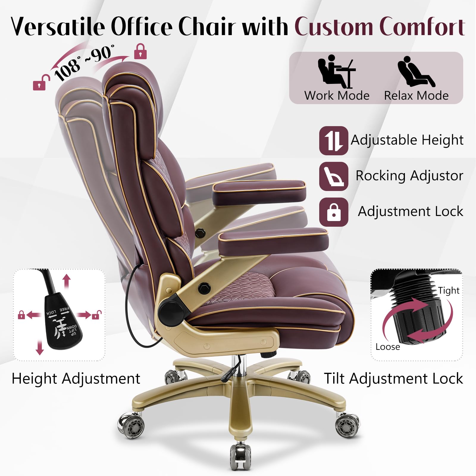 Heavy Duty Executive Leather Chair Big and Tall Office Chair 500lbs with 5D Flip-up Armrests Comfortable Seat Adjustable — view 6