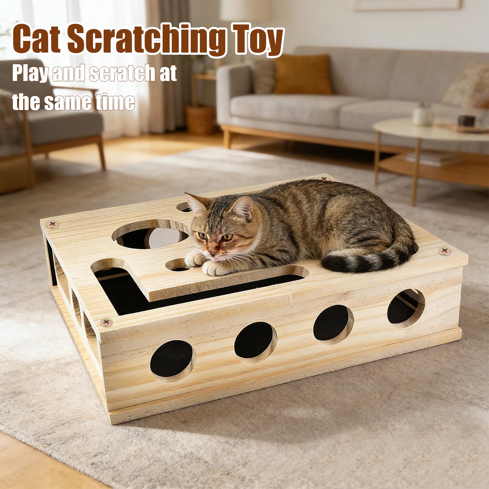 LUMIXA Caja rascadora de uñas para gatos, juguete de rompecabezas de enriquecimiento de gatos de madera con papel de lija interior, aberturas de golosinas y montaje de tornillo reforzado para gatos de