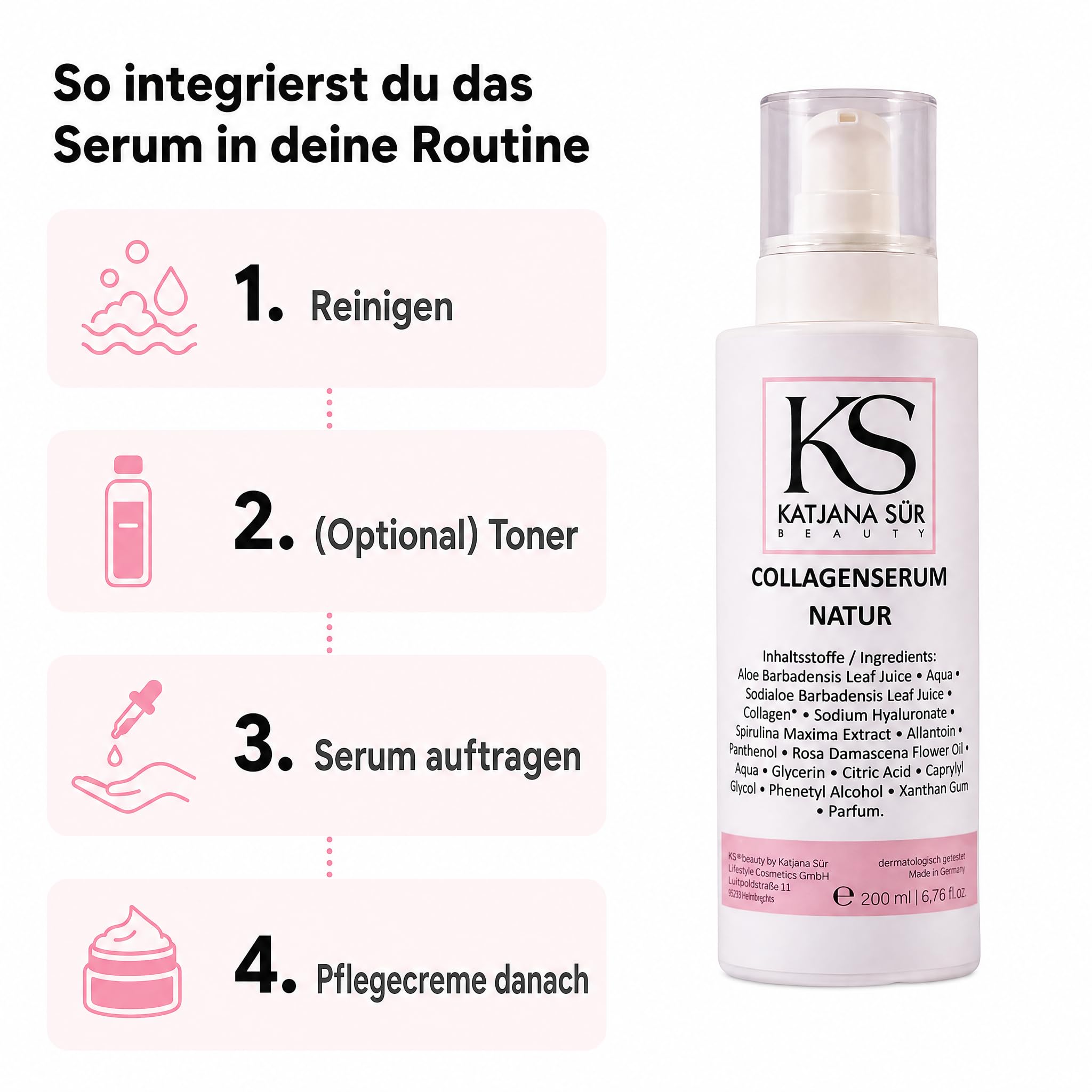 KS Beauty Collagen Serum Natur, Hyaluron & Aloe Vera, 200 ml | Feuchtigkeitsserum für Gesicht mit Rosenöl, Spirulina & Panthenol – dermatologisch getestet, Made in Germany