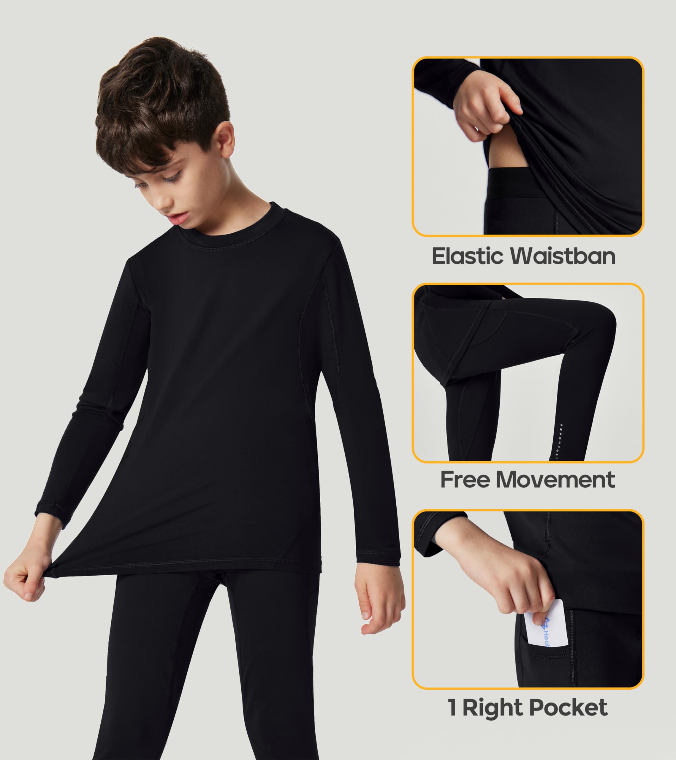 Heathyoga Thermal Underwear for Kids Thermal Set Fleece Lined Base Layer Boys Long Johns Winter Clothes for Girls Black