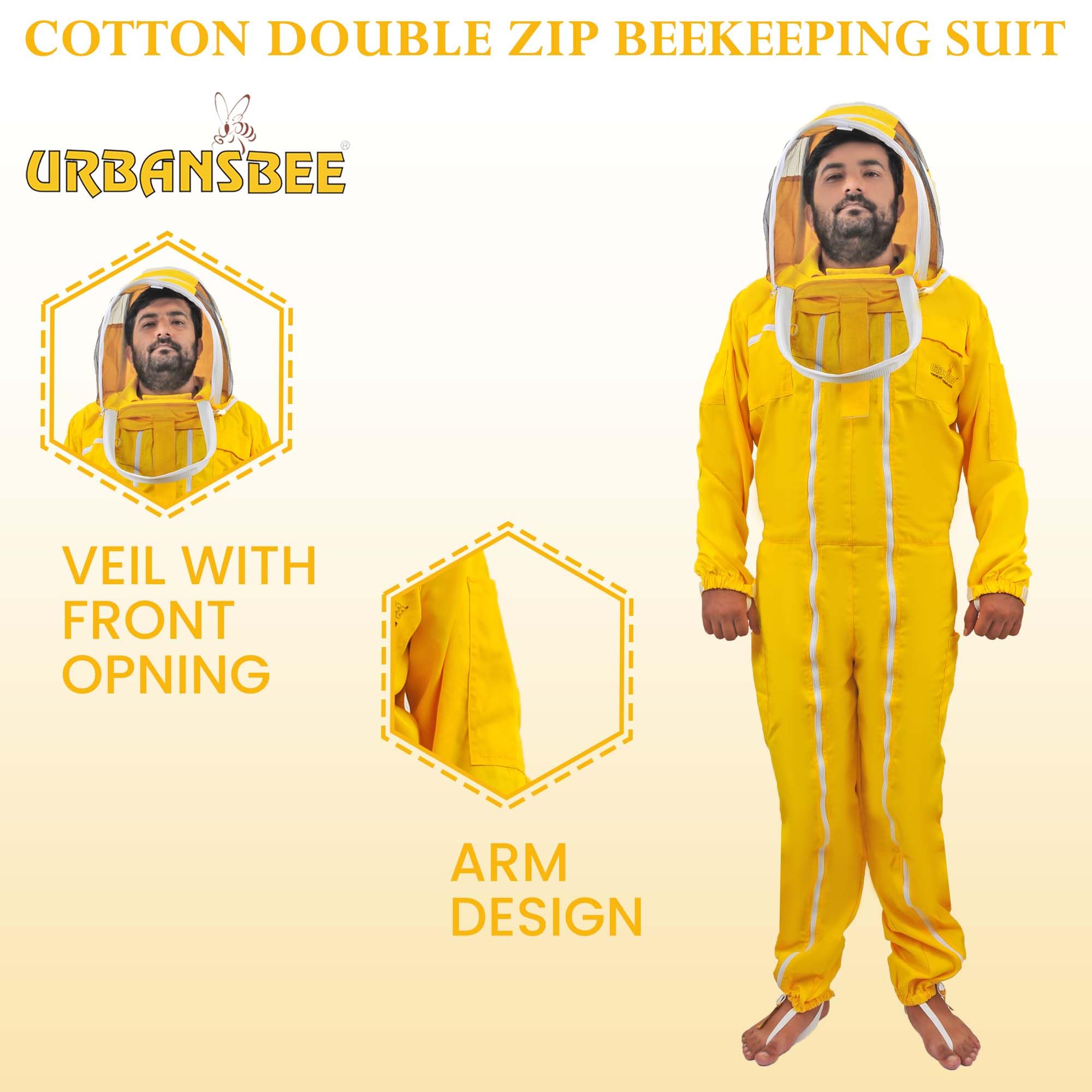 Tuta Apicoltore Cotone Fantasia Professionale Abito Apicoltura con Cappello e ampia tasca per gli apicoltori api Tuta Naturale traspirante (M, Giallo Con Cappello Fantasia)