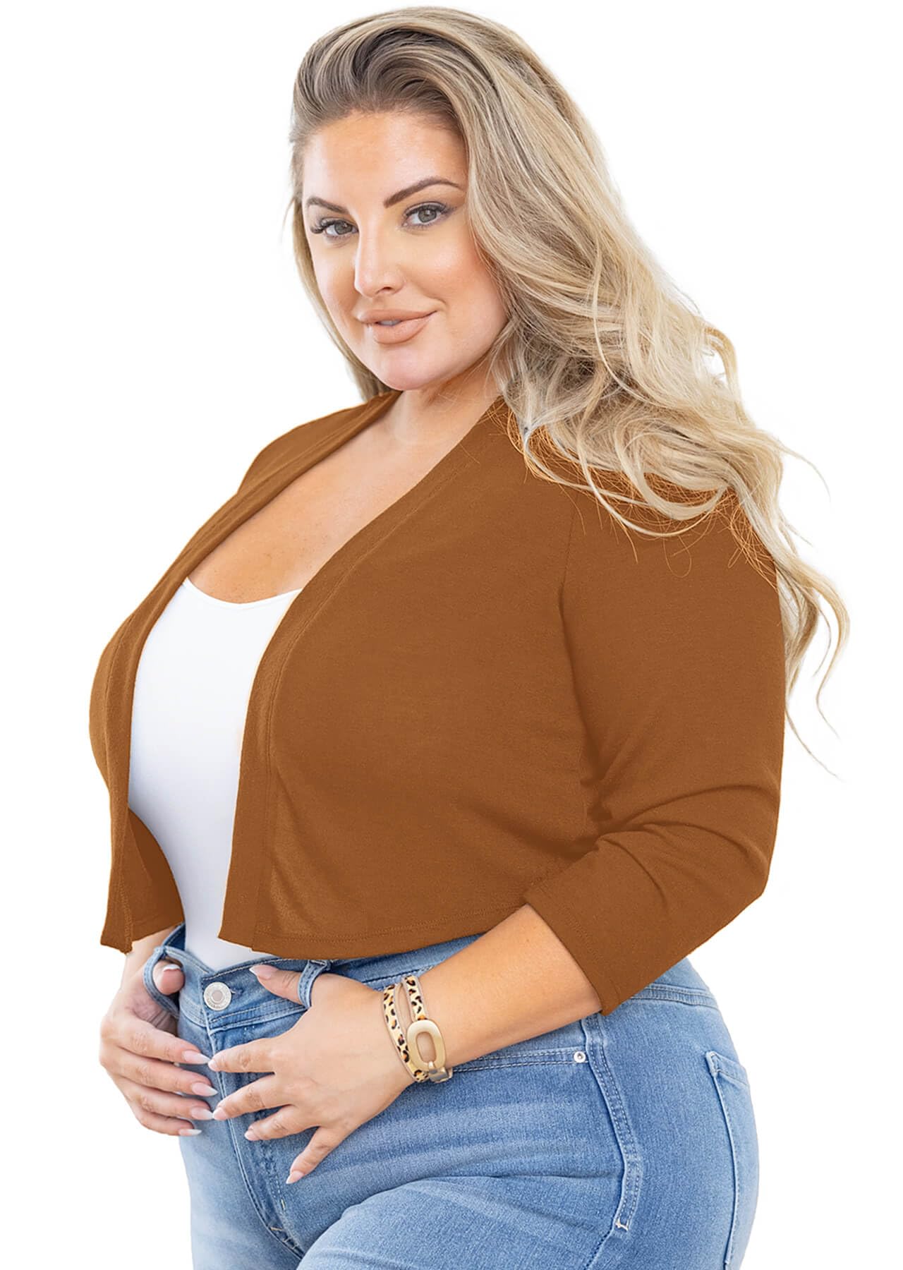 AusLook Women's Plus Size Shrug 3/4 Sleeve Lightweight Open Front Knit Cropped Bolero Cardigan Sweater 1X-5X