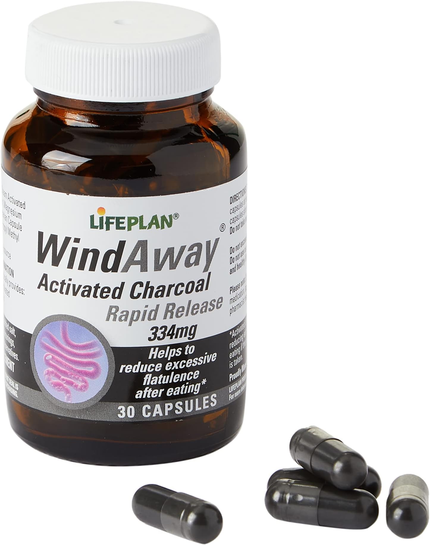 Lifeplan WindAway Rapid Release Activated Charcoal 334mg Supplement — (30 Capsules) — to Help Reduce Excess Flatulence