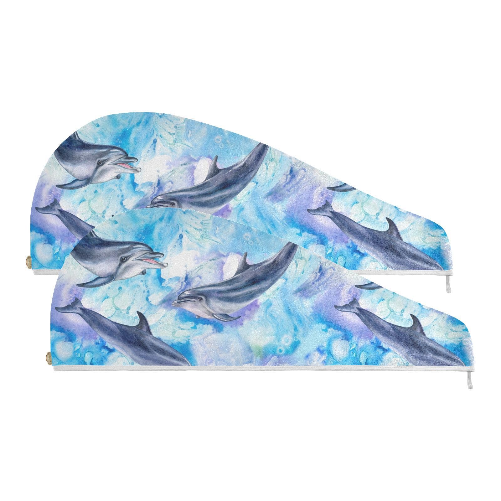 Youjuner Women's Multicoloured Hair Towel Wrap Sea Blue Dolphin Rapid Drying Turban Hair Towel Super Absorbent Head Towel For Girl