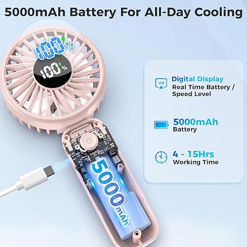 Miniatura 4 de Ventilador de mano portátil, batería recargable de 5000 mAh, refrigeración máxima de 15 horas, 4 velocidades, pantalla LED, diseño plegable,