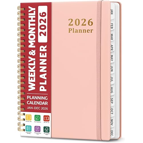 2026 Planner, Weekly and Monthly Calendar Planner, January 2026 - December 2026, Hardcover 2026 Calendar Book with Tabs For Women & Men, Inner Pocket, Spiral Bound, Perfect for Office Home School Supplies - A5 (6.3" x 8.5"), Pink