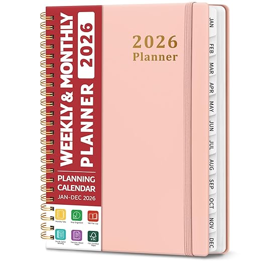 2026 Planner, Weekly and Monthly Calendar Planner, January 2026 - December 2026, Hardcover 2026 Calendar Book with Tabs For Women & Men, Inner Pocket, Spiral Bound, Perfect for Office Home School Supplies - A5 (6.3" x 8.5"), Pink