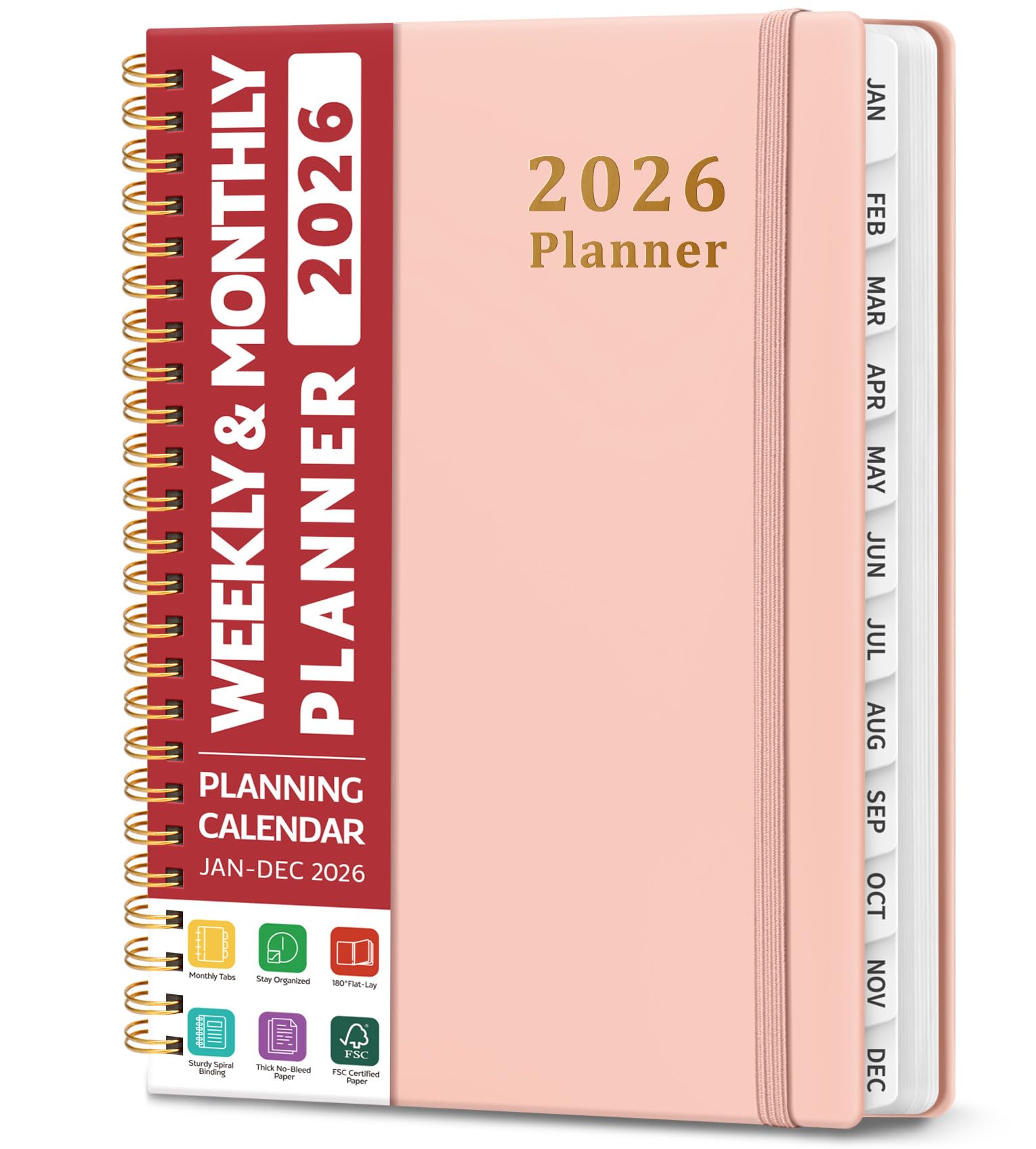 2026 Planner, Weekly and Monthly Calendar Planner, January 2026 - December 2026, Hardcover 2026 Calendar Book with Tabs For Women & Men, Inner Pocket, Spiral Bound, Perfect for Office Home School Supplies - A5 (6.3" x 8.5"), Pink (6.3"x8.5")-A5 A-Pink