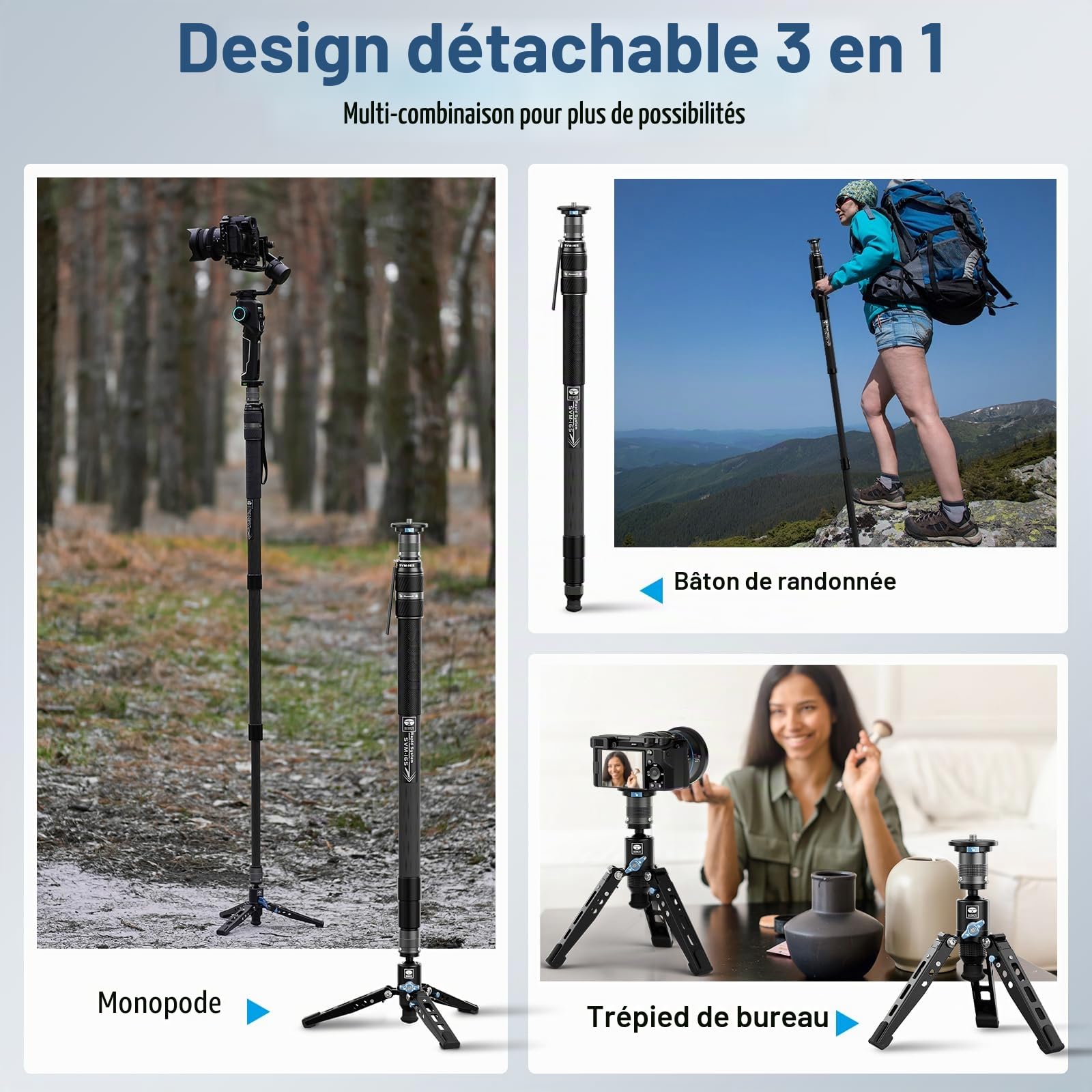 SIRUI 3 en 1 Monopode Carbone Professionnel, 165cm Monopode pour Appareils Photo avec Pieds, Réglage Rapide de la Hauteur en Une Seule étape, Charge Maximale 10kg, SVM-165