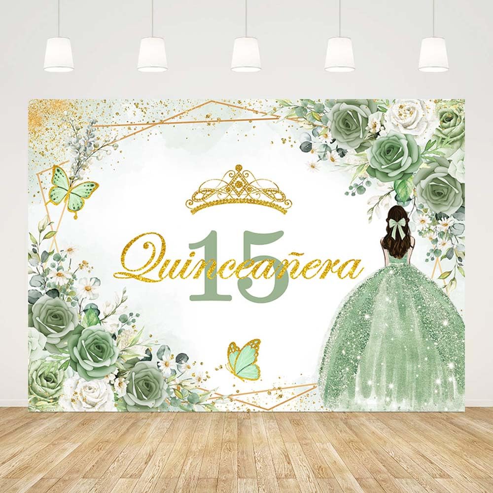 AIBIIN 8x6ft Quinceañera 15th Birthday Backdrop Green Floral Butterfly Birthday Decorations Background 15th Birthday Party Decoration for Girls