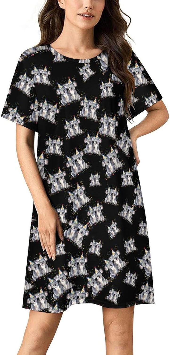 Koala Bear Happy Birthday Nightgowns for Women Short Sleeve Sleep Dress Casual Sleepshirt Night Gowns Pajamas