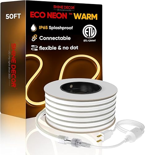 Shine Decor Tira de luces LED de neón de 50 pies para exteriores, impermeable, CA de 110 V, 120 V, flexible, de neón (blanco cálido), ETL Plug &