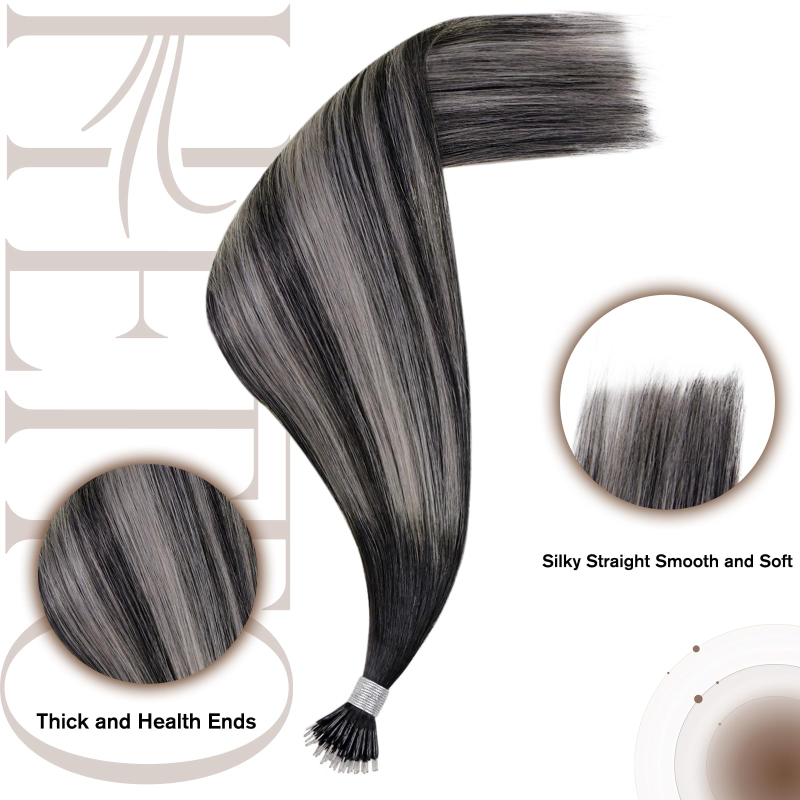 Hetto Nano Hair Extensions Real Human Hair Black Ombre Silver 18 Inch, Invisible Nano Beads Hair Extension - Image 4